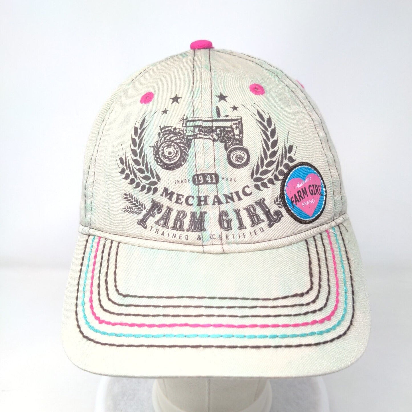 Mechanic Farm Girl Trained & Certified Strapback Hat Tan One Size Adjustable