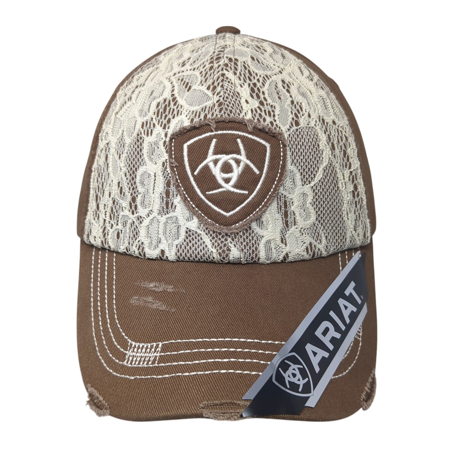Ariat Strapback Baseball Cap Brown One Size Adjustable Distressed Lace Trim