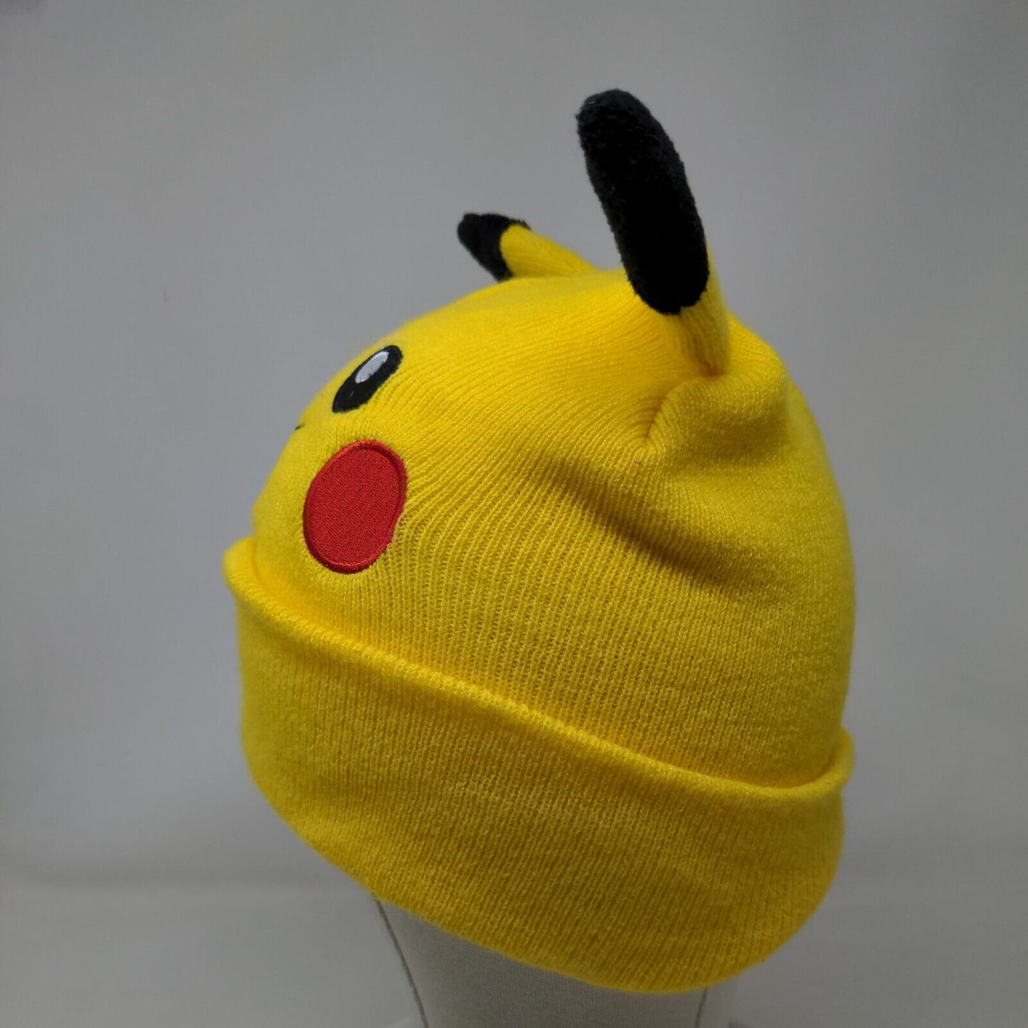 Pokemon Pikachu Youth Cuffed Beanie Hat Yellow OSFM Knit Stretch Ear Embroidered