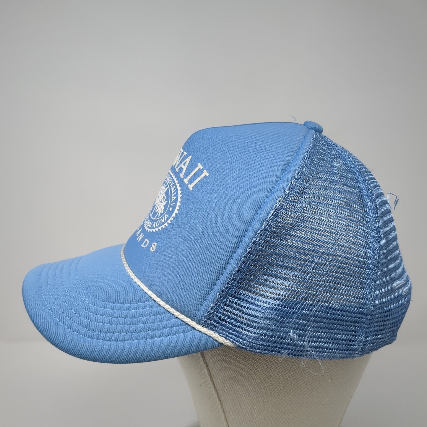 Hawaii Islands Molokai Lanai Kona Trucker Hat Blue OS Adjustable Mesh Back Rope