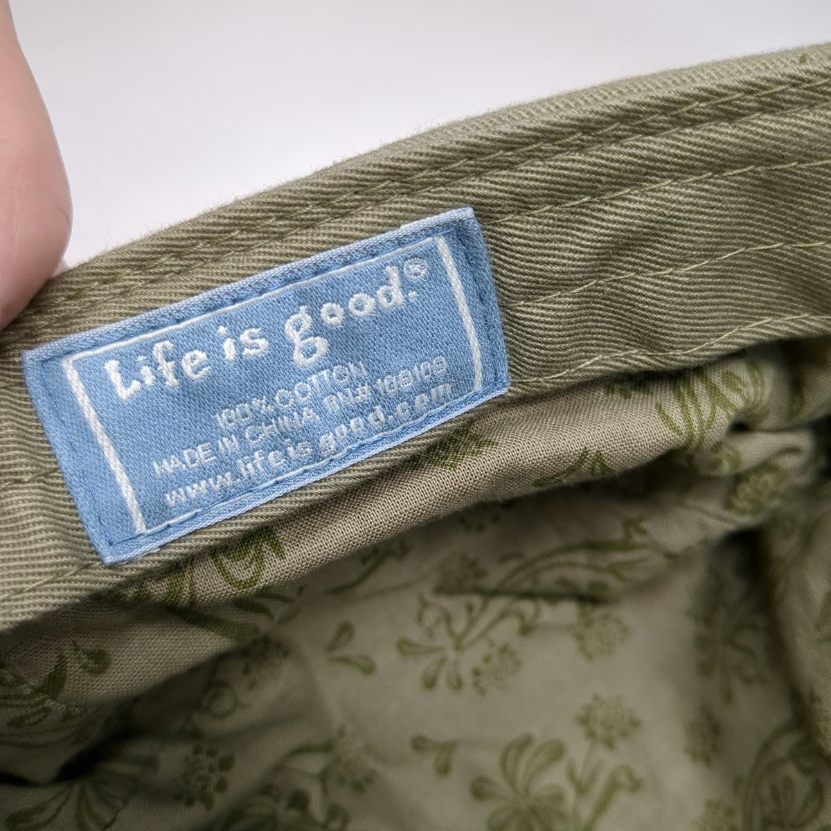 Life is Good Army Cap Green One Size Hat Embroidered Flowers Floral Lining Strap