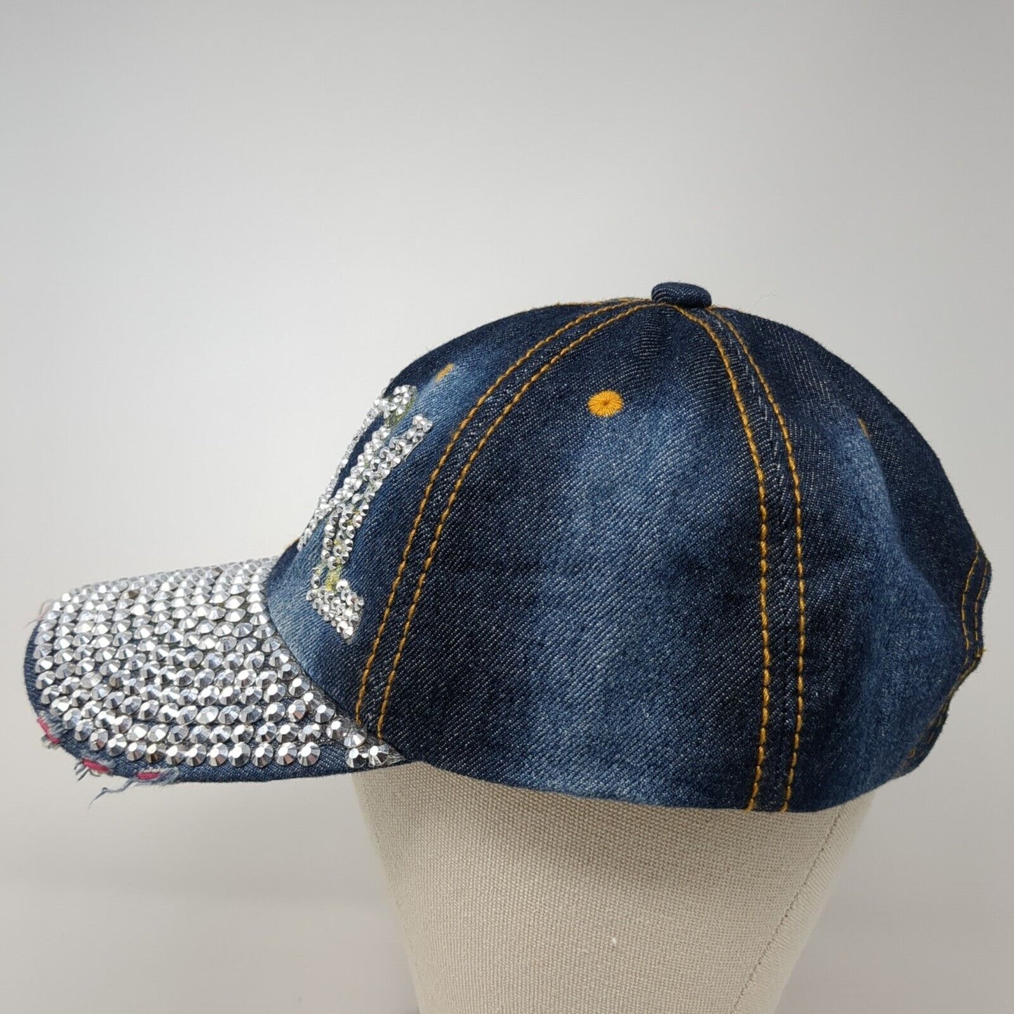Cool Slideback Hat Blue One Size Adjustable Distressed Denim Rhinestone Bling