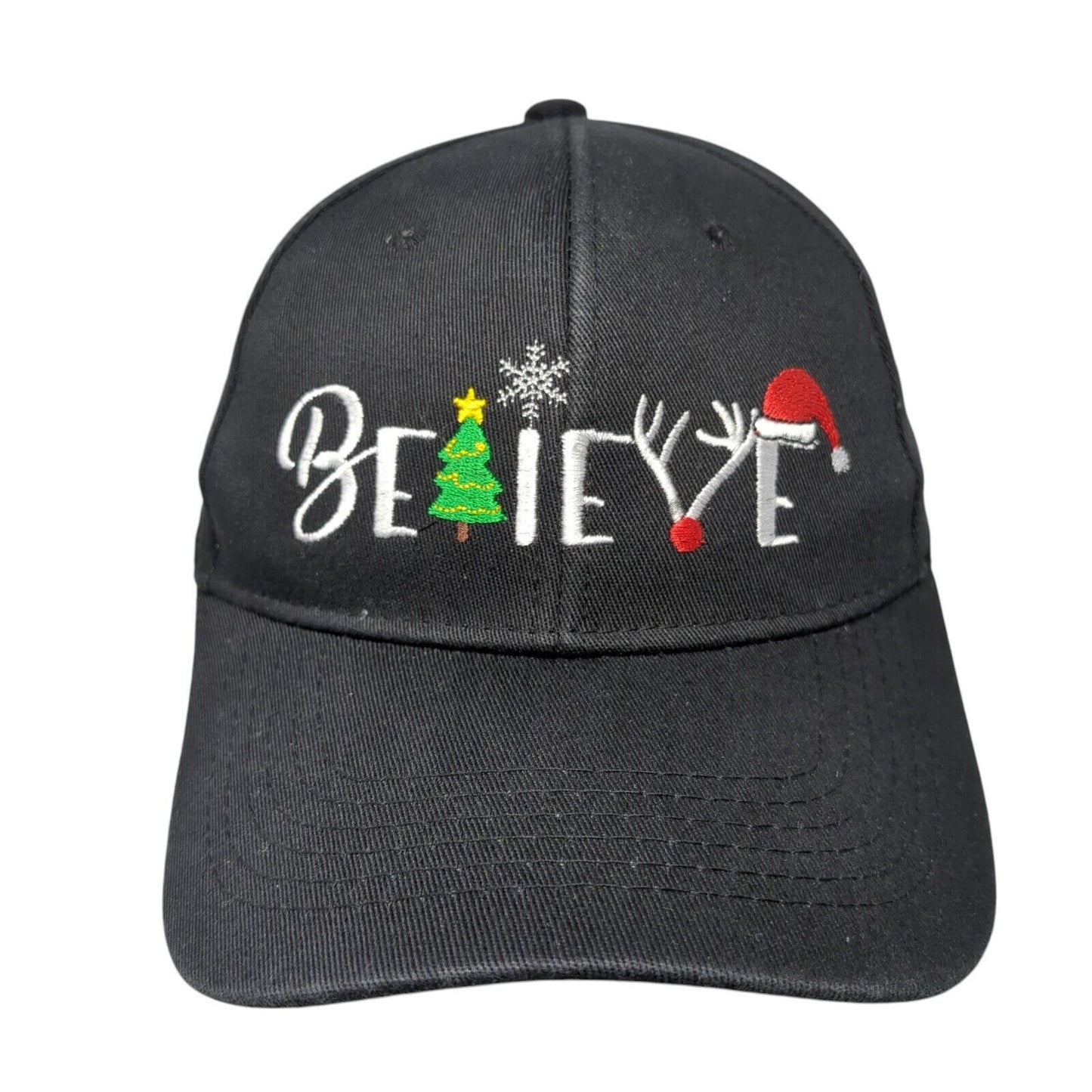 Believe Christmas Tree Holiday Slideback Hat Black OS Adjustable Embroidered