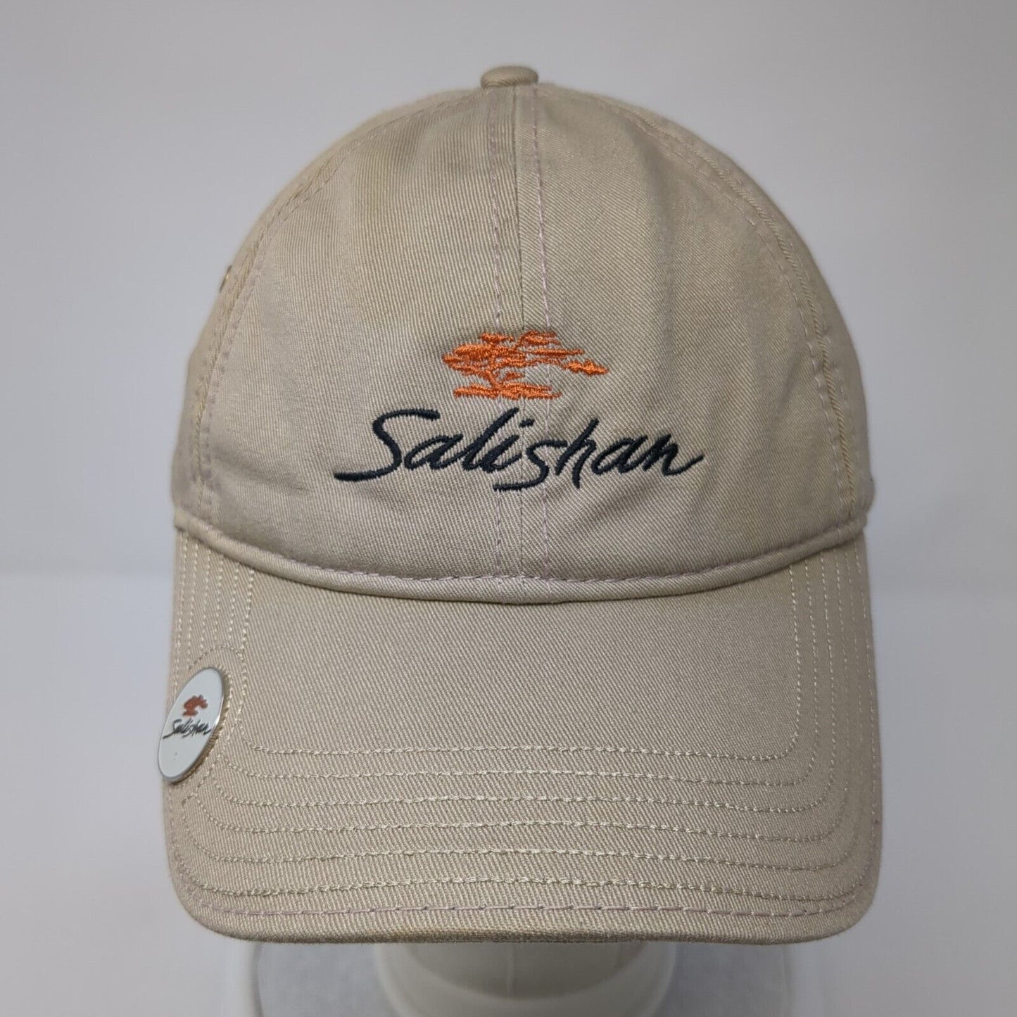 Salishan Slideback Hat Tan One Size Adjustable Embroidered 6 Panel Ivory