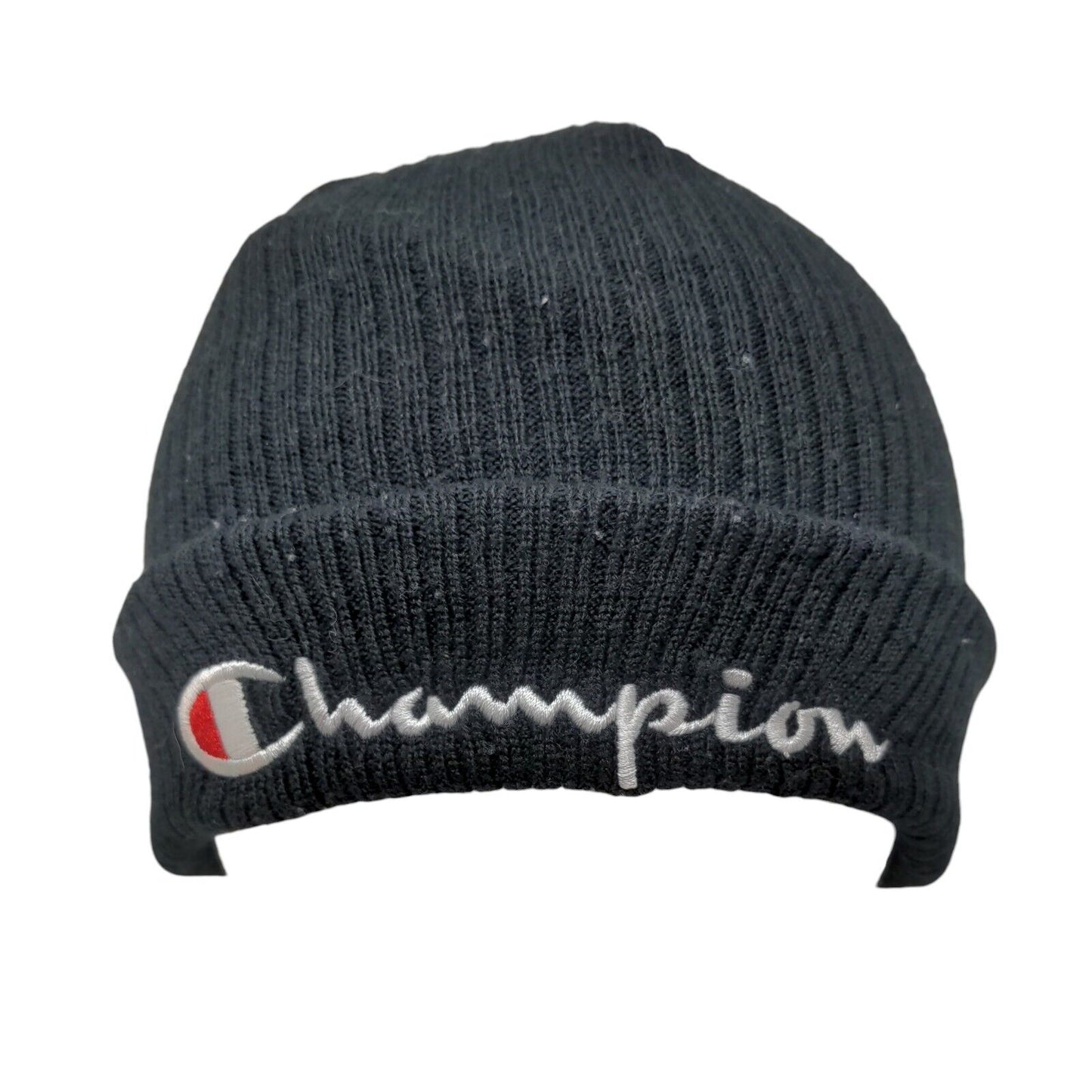Champion Beanie Hat Black OSFA Stretch Knitted Embroidered Logo Cuffed