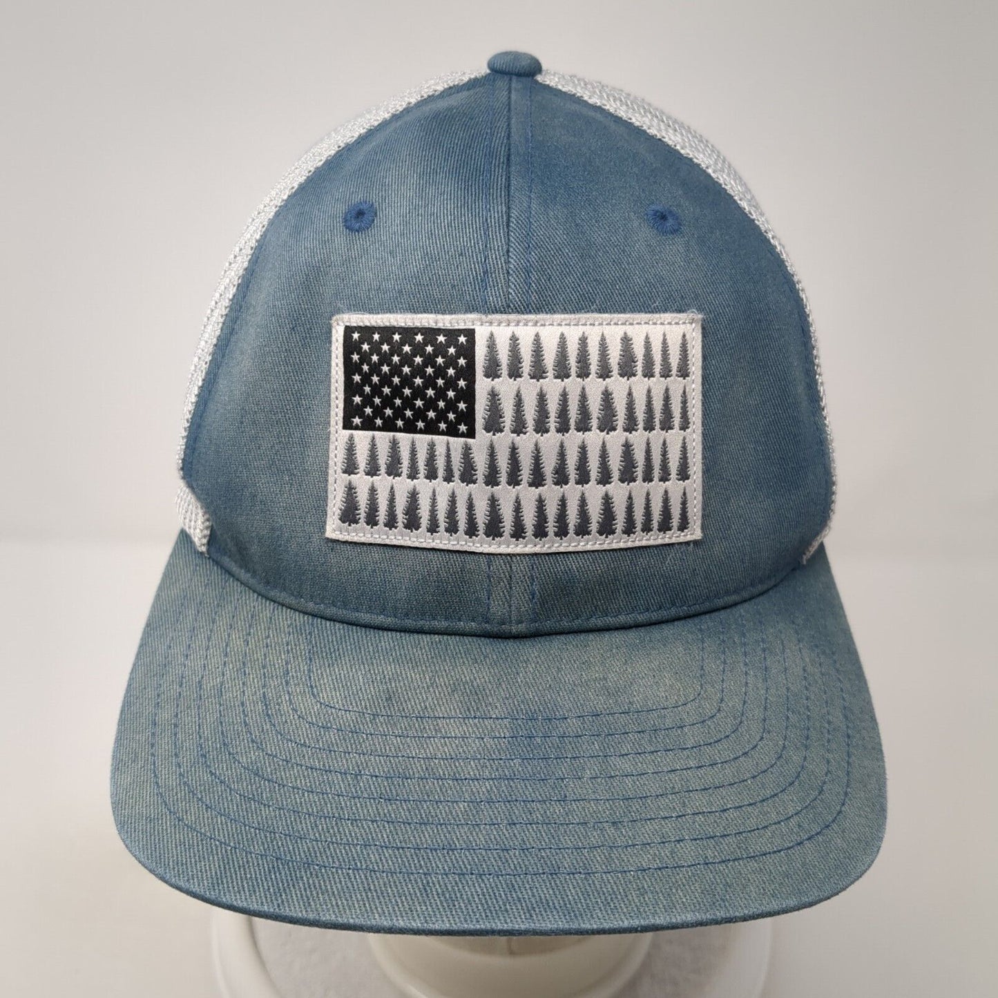 American Tree Flag Fitted Trucker Hat Blue L/XL Flexfit Mesh Back Columbia
