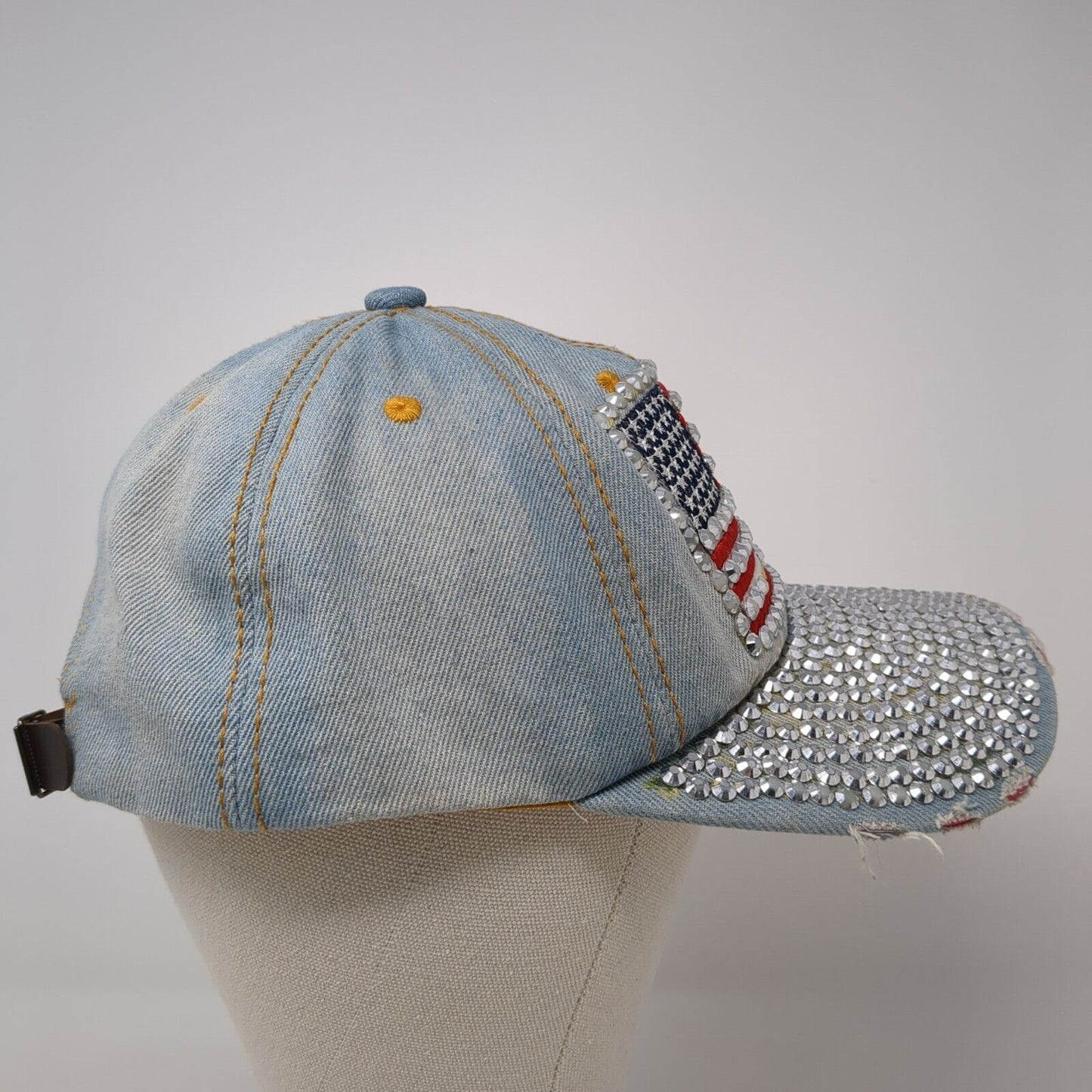 USA Flag Bling Slideback Hat Blue One Size Denim Leather Strap Rhinestone
