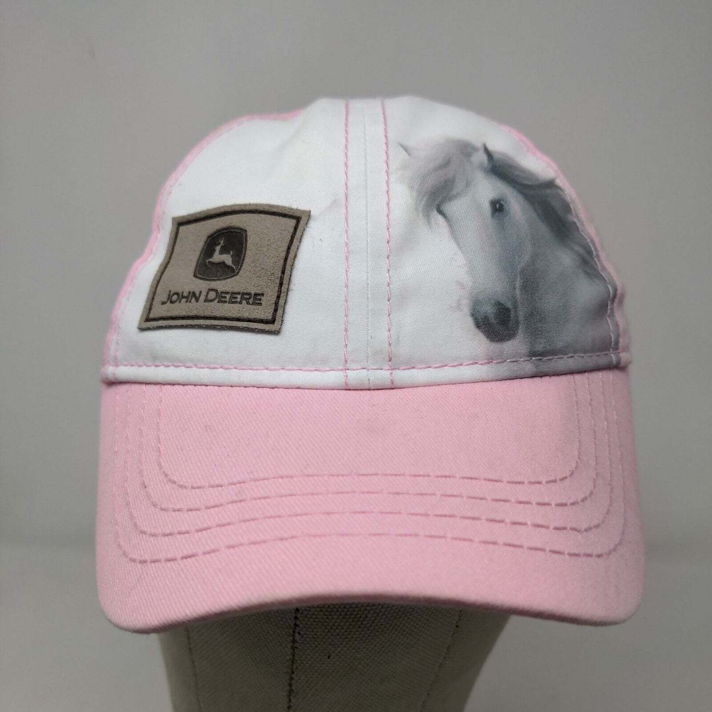 John Deere Girl's Stretchy Hat Pink White Size Toddler OS Horse Graphic Logo