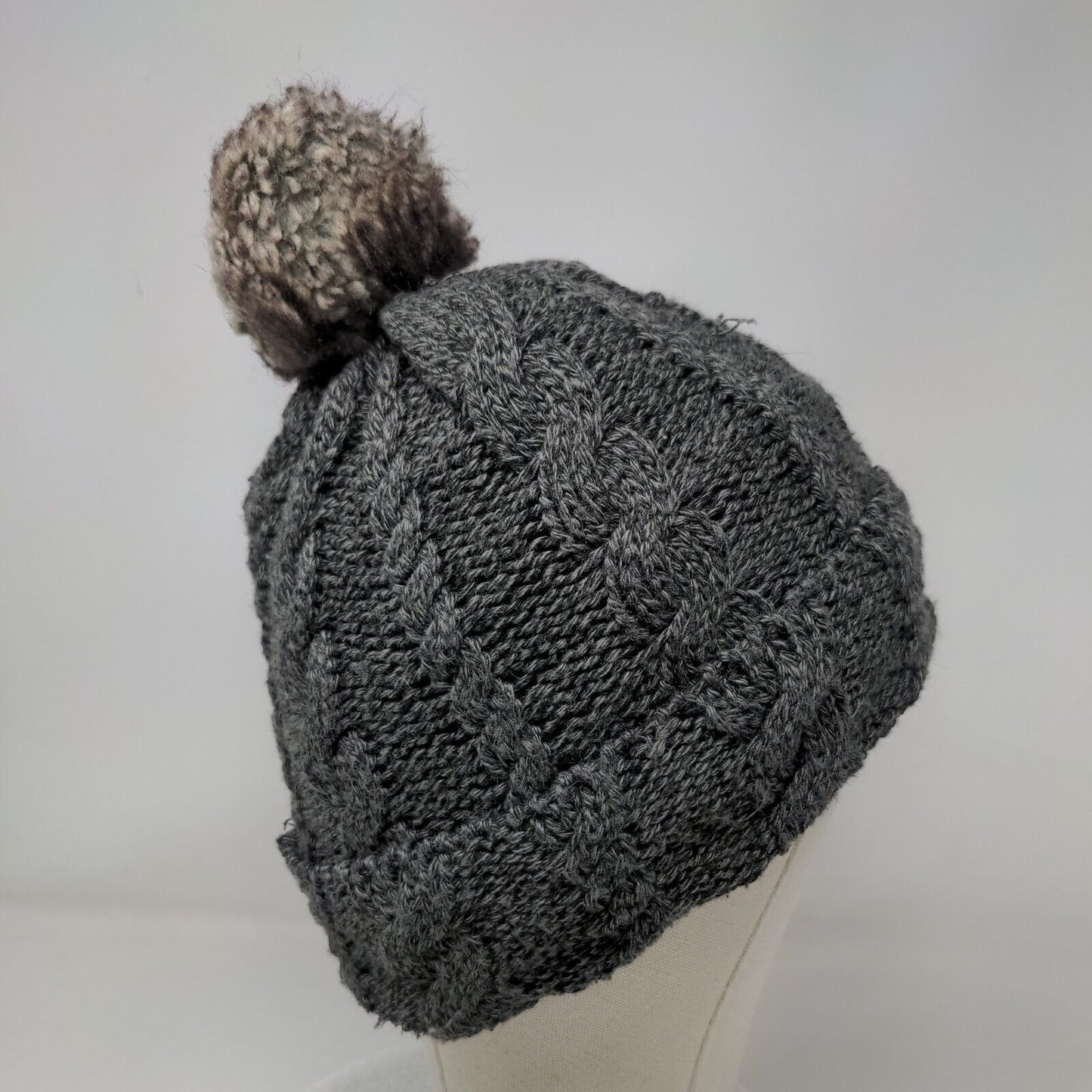 Arctic Paw Beanie Hat Gray OS Stretch Hand Knitted Pom Pom Fleece Lined Blank