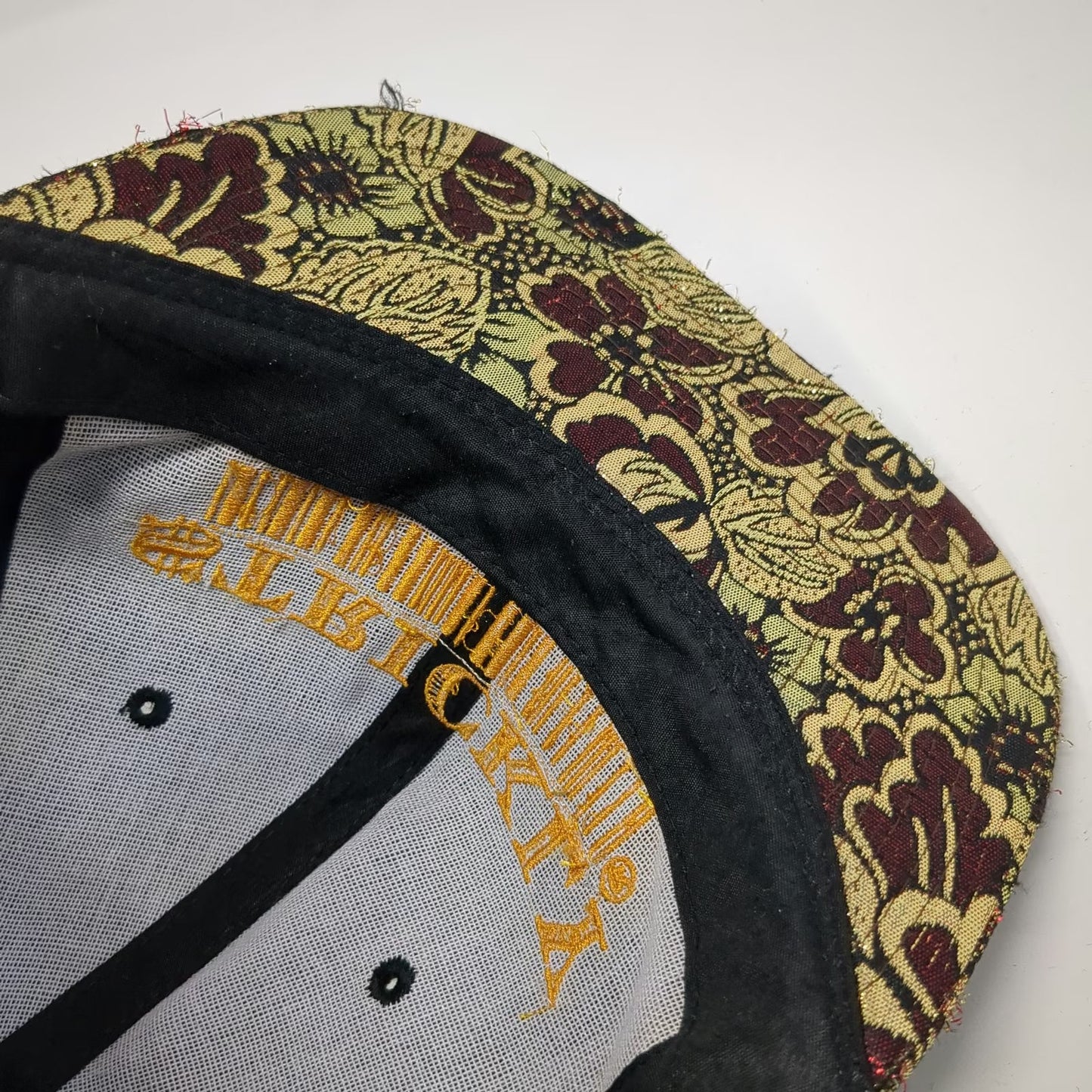 Snapback Black Gold Red OS Floral Brocade Flat Brim Strickly Bizness Logo Hat