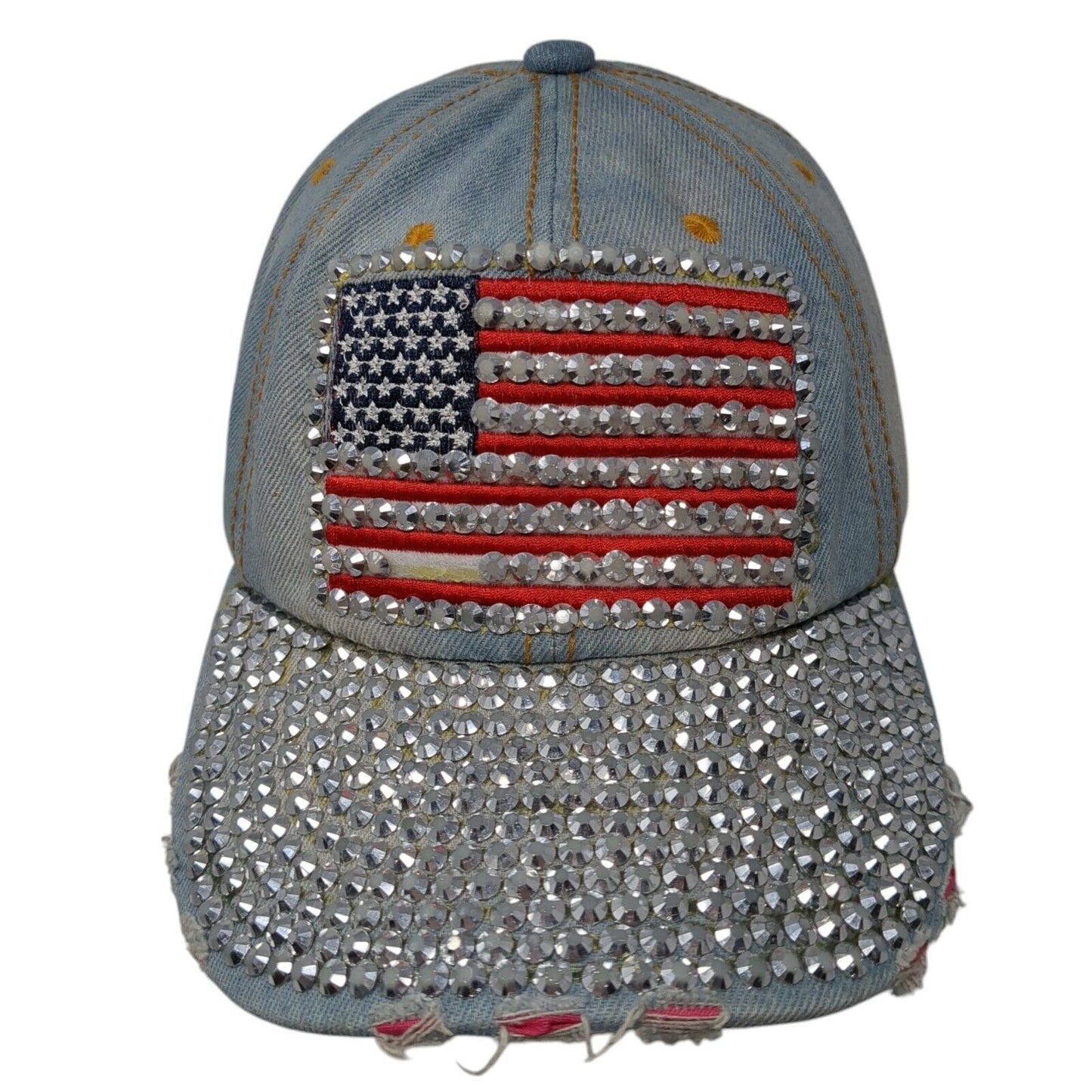 USA Flag Bling Slideback Hat Blue One Size Denim Leather Strap Rhinestone