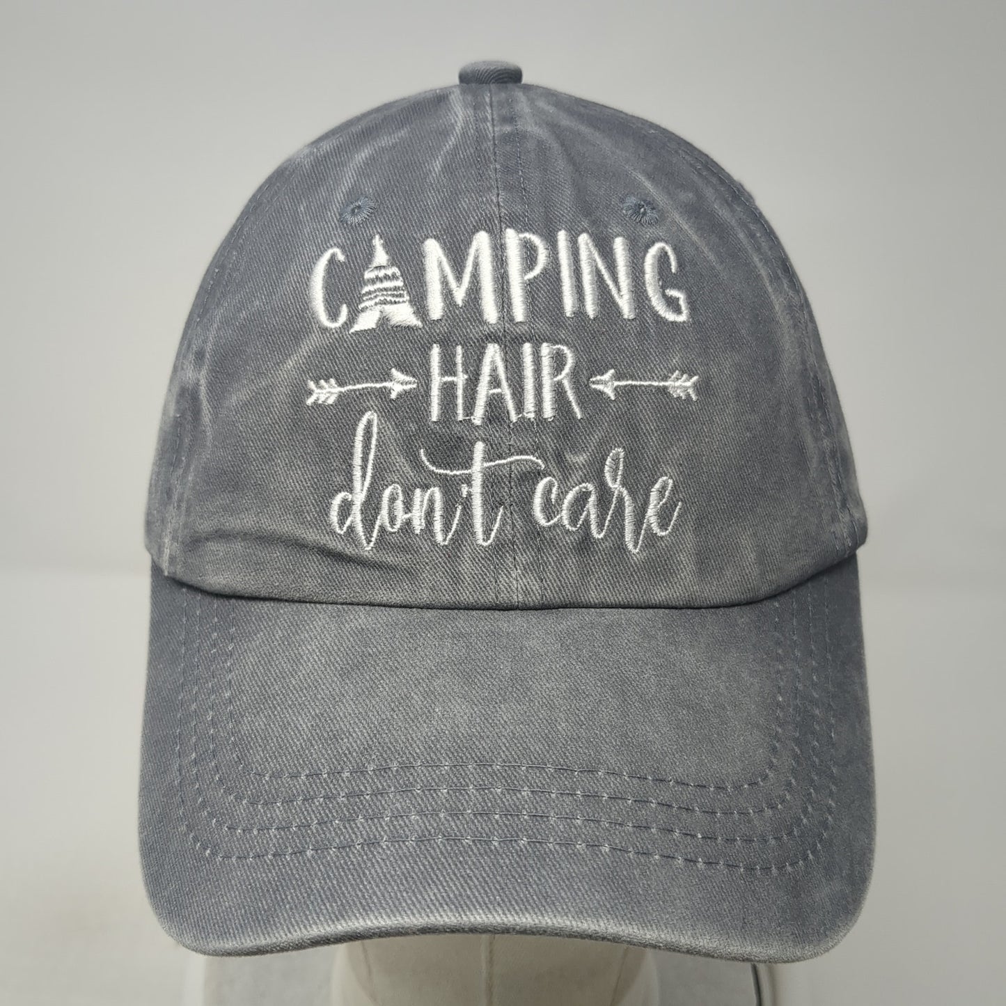Camping Hair Don't Care Slideback Hat Gray One Size Embroidered Ponytail