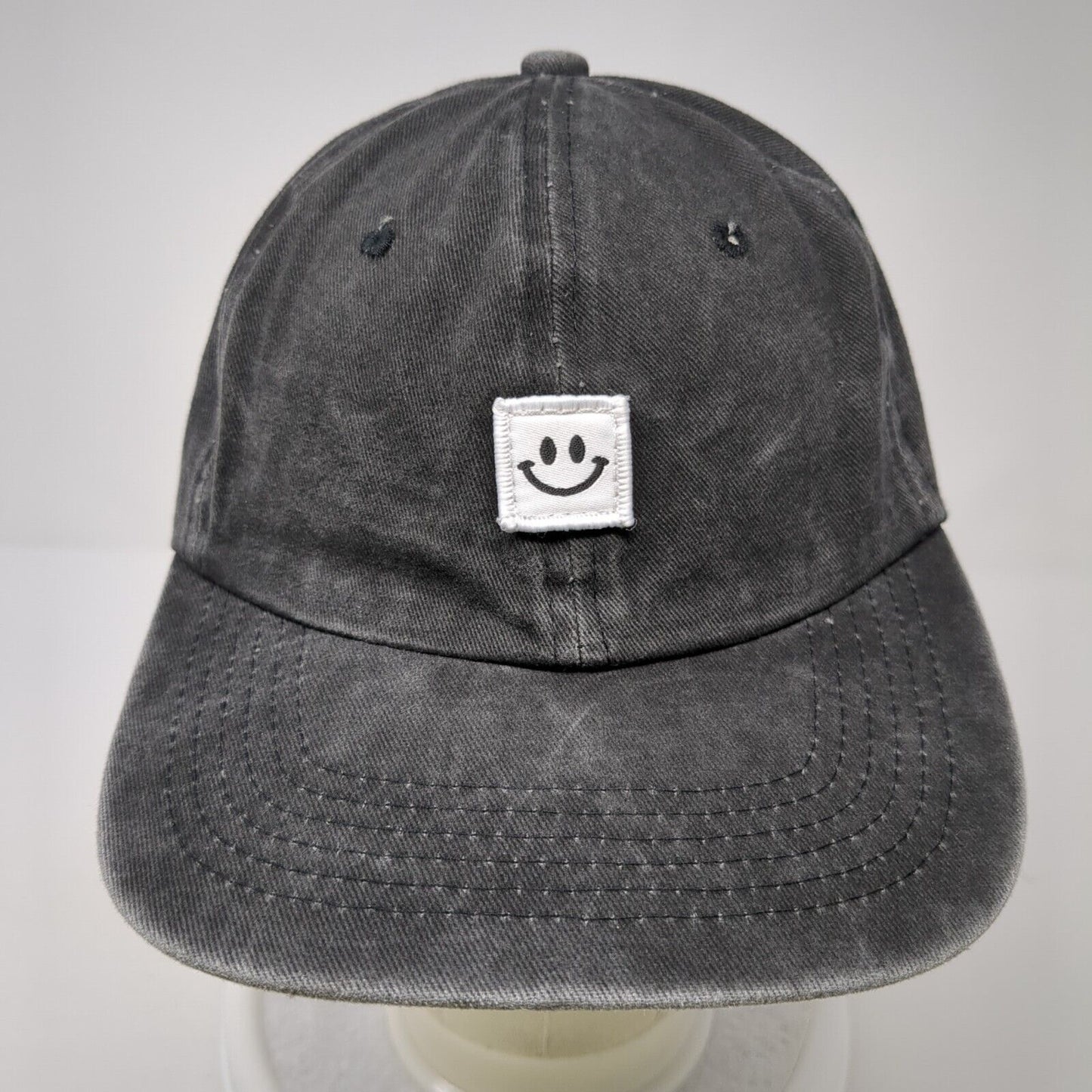 Smiley Face Slideback Hat Black One Size Adjustable Patch Vented Holes 6 Panel