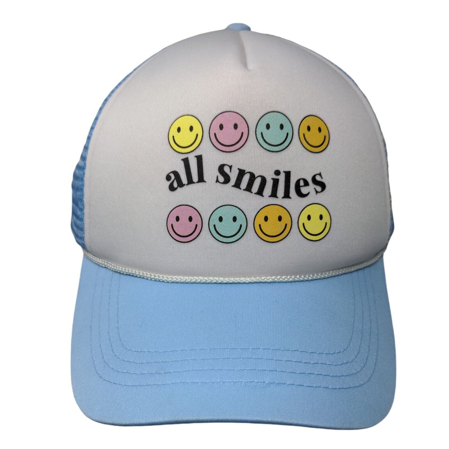All Smiles Snapback Trucker Hat Blue OSFM Adjustable Mesh Back Rope Polyester