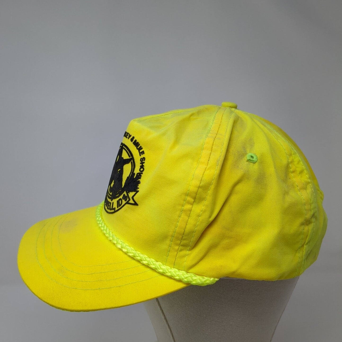 National Donkey & Mule Show Caldwell ID 1990 Slideback Hat Yellow One Size Rope