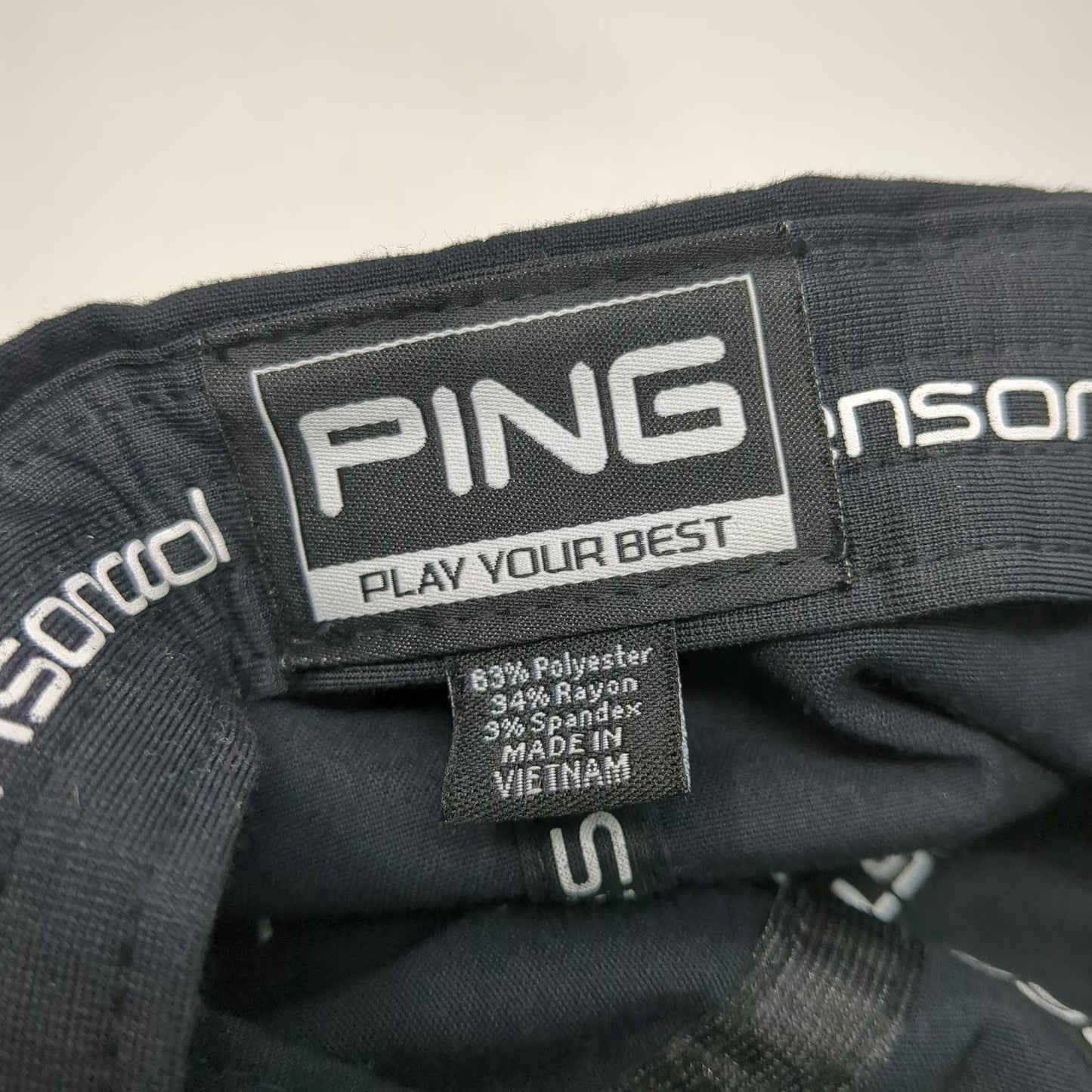 PING 5 Panel Black One Size Leather Strap Rope Script Logo Golf Hat sensorcool