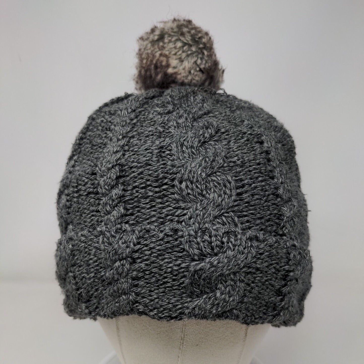 Arctic Paw Beanie Hat Gray OS Stretch Hand Knitted Pom Pom Fleece Lined Blank