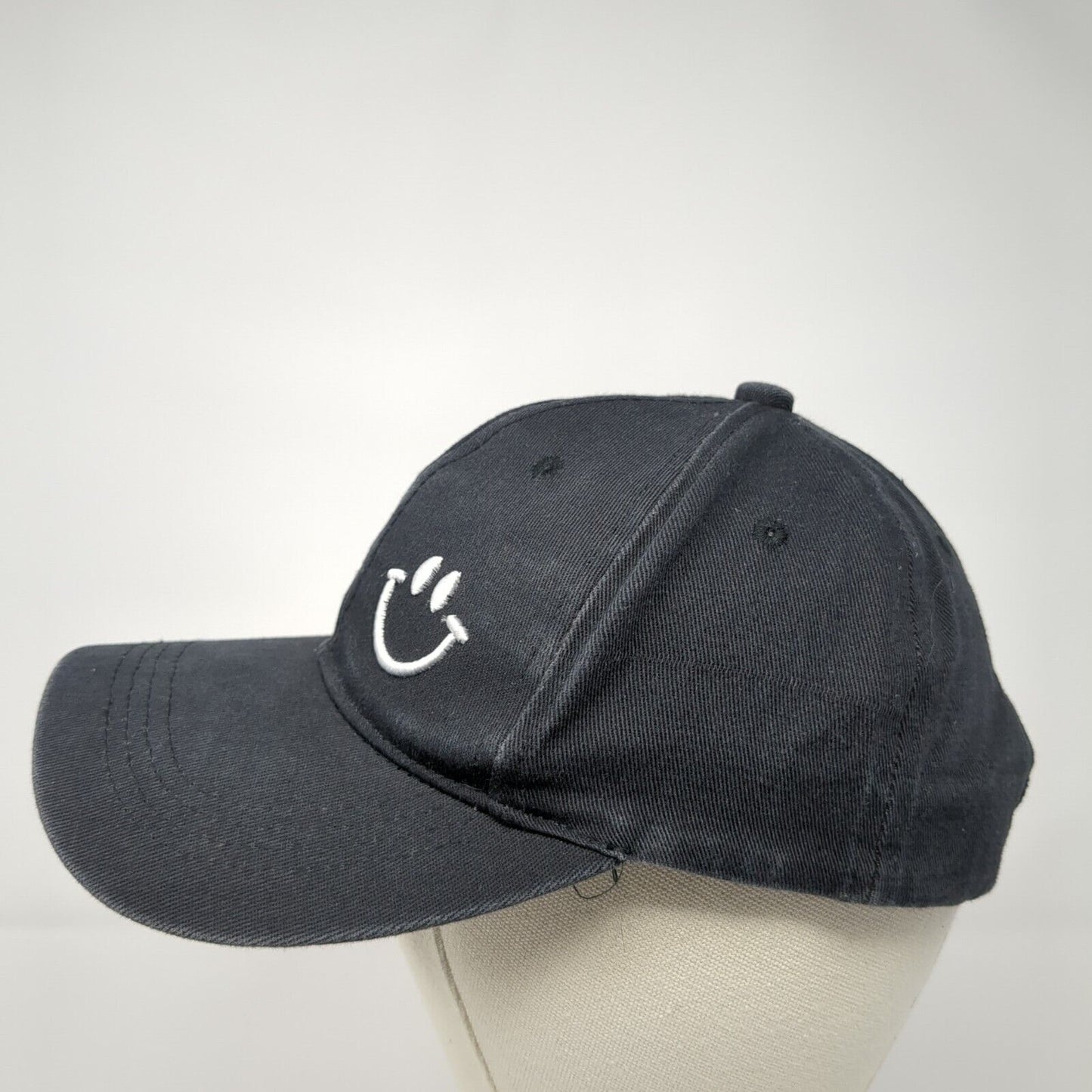 Smiley Slideback Hat Black One Size Adjustable Embroidered Vented Holes 6 Panel