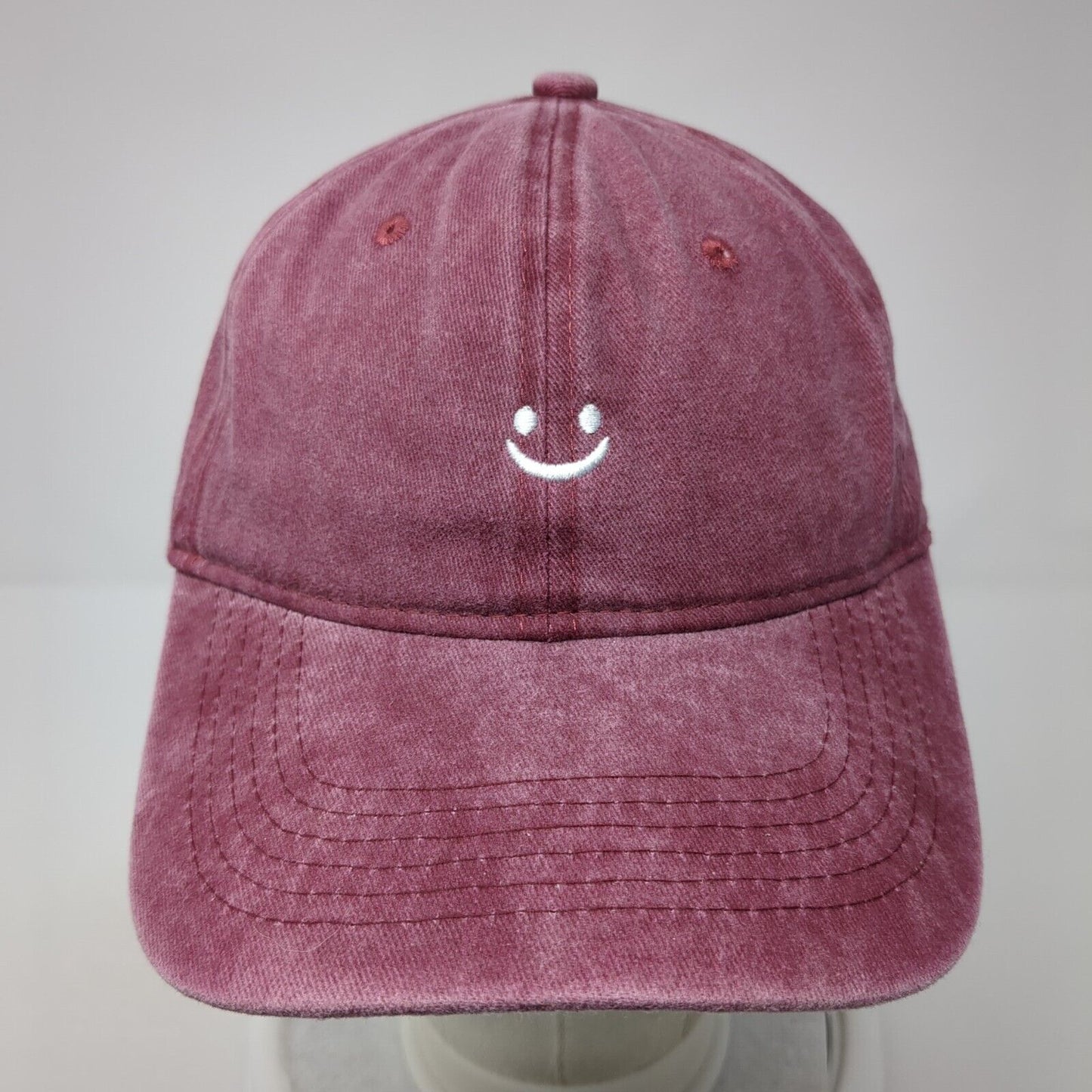 Smiley Face Slideback Hat Red One Size Adjustable Embroidered Outdoor