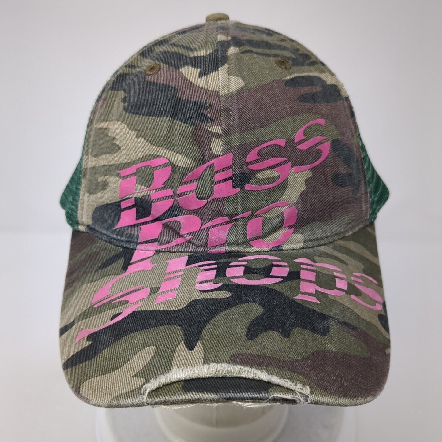 Bass Pros Shops Slideback Trucker Hat Camo OS Adjustable Distressed Mesh Back