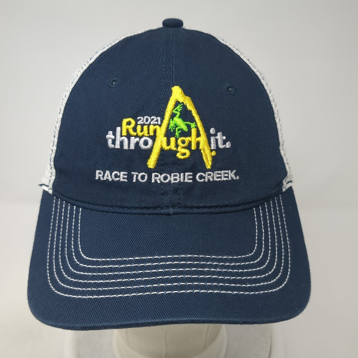 2021 Run Through It Strapback Trucker Hat Blue One Size Race To Robie Creek