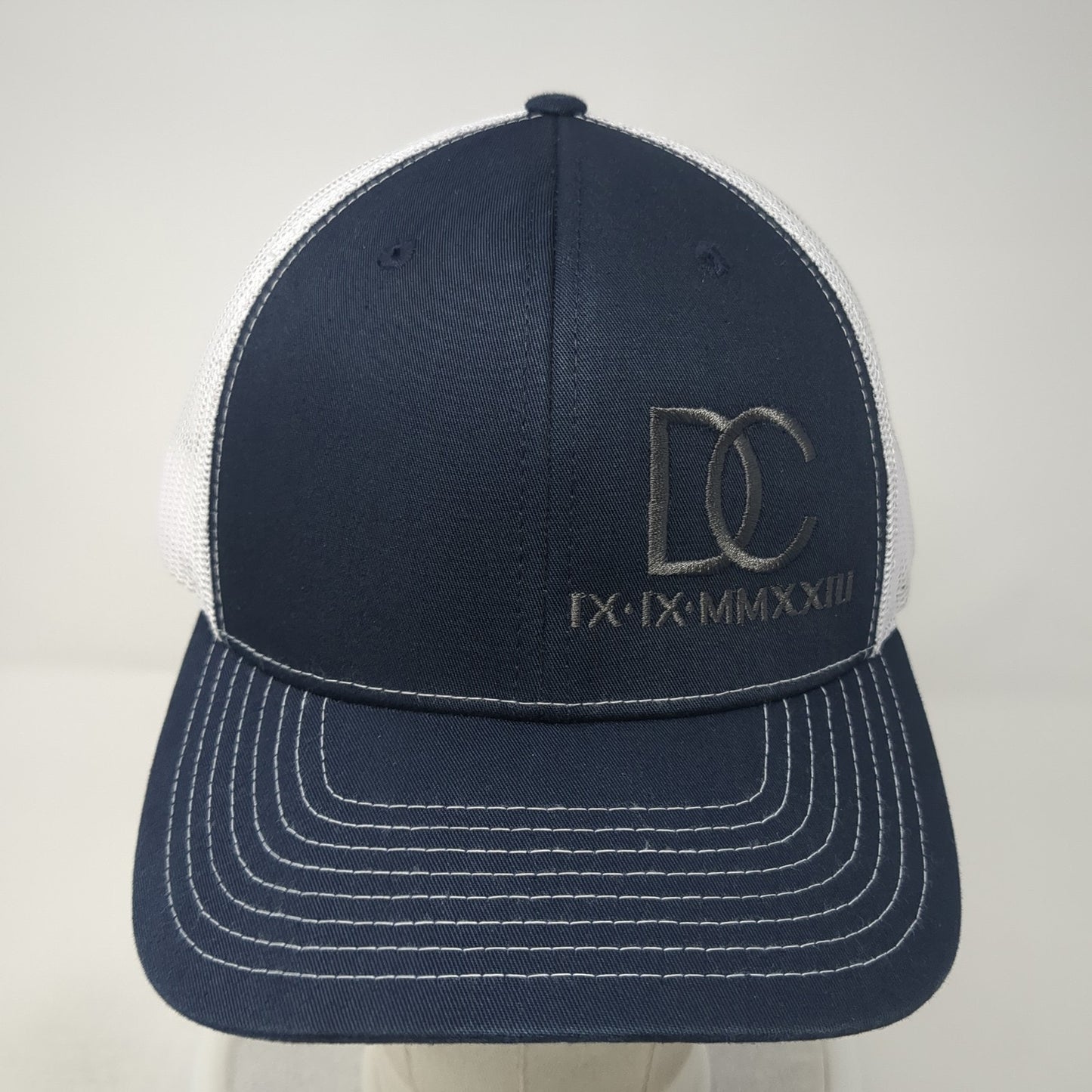 DC IX-IX-MMXXIII Snapback Trucker Hat Blue One Size Mesh Back Adjustable