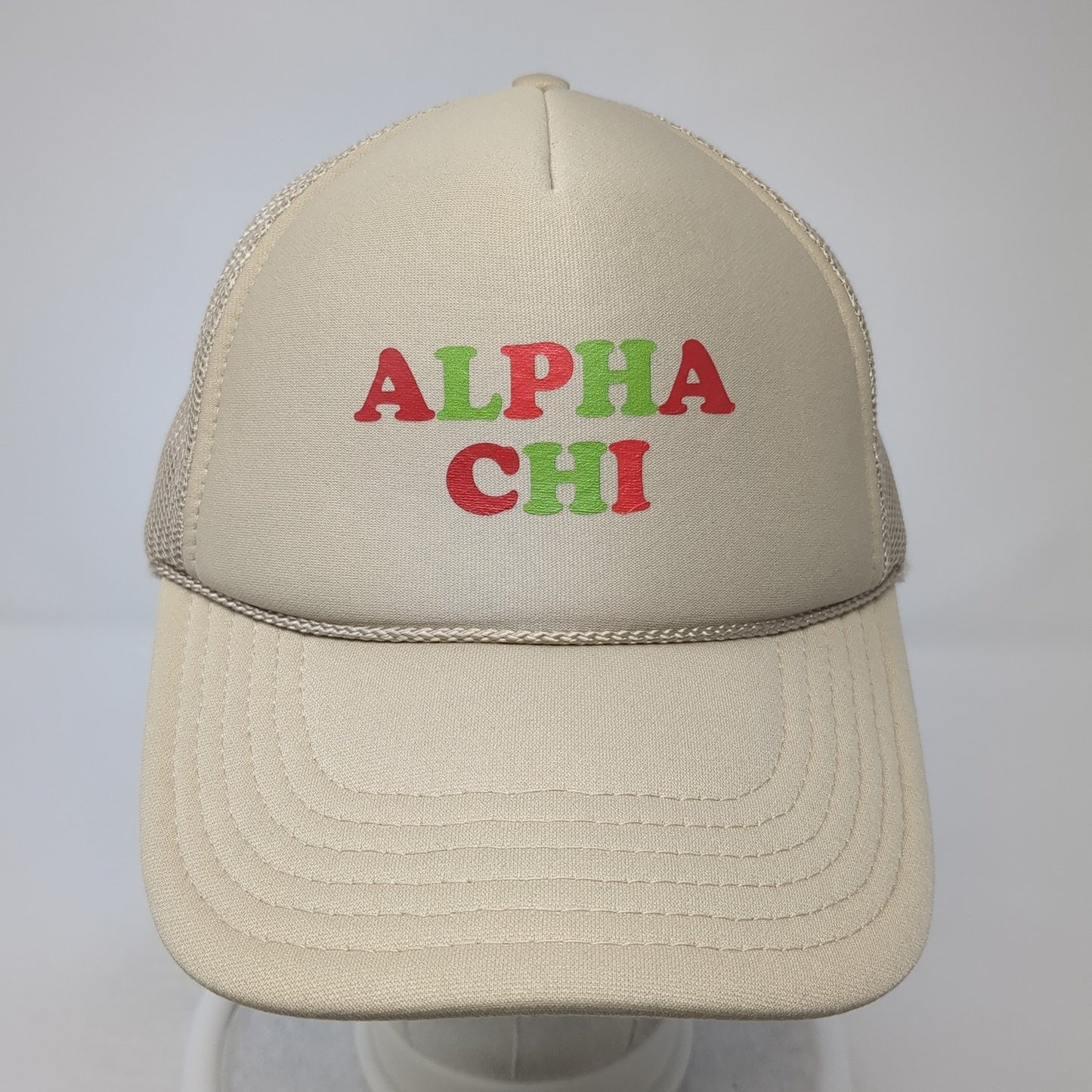 Alpha Chi Snapback Trucker Hat Brown One Size Adjustable Mesh Back Rope Otto