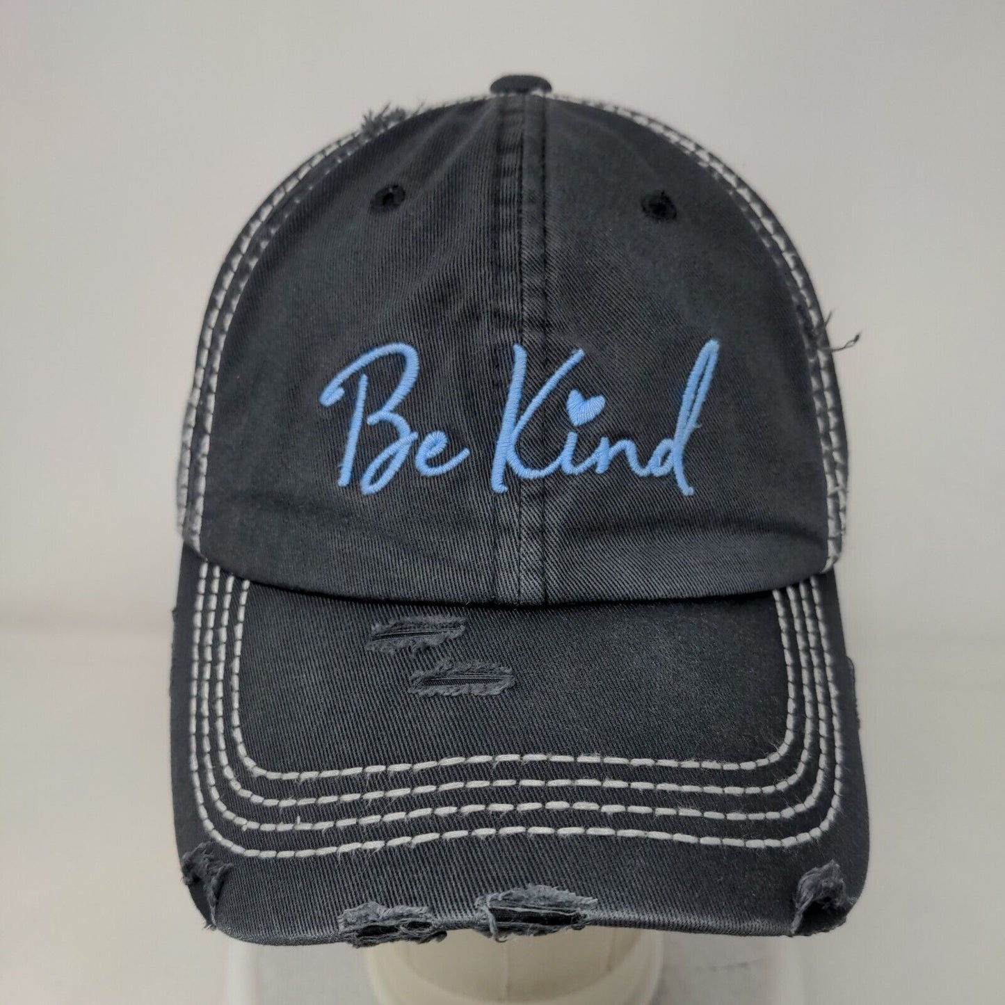 Be Kind Strapback Hat Blue One Size Embroidered 6 Panel Distressed