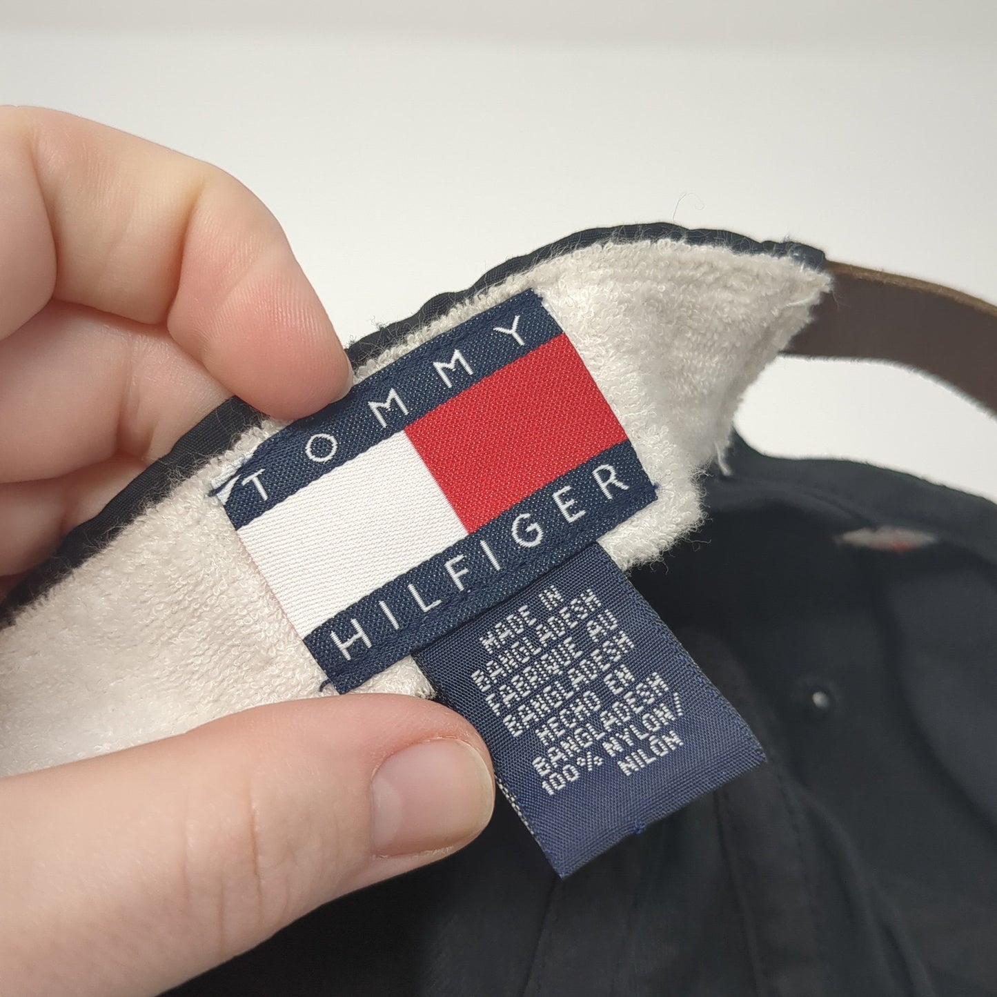 Hilfiger Spell Out Slideback Hat Black One Size Adjustable Leather Strap