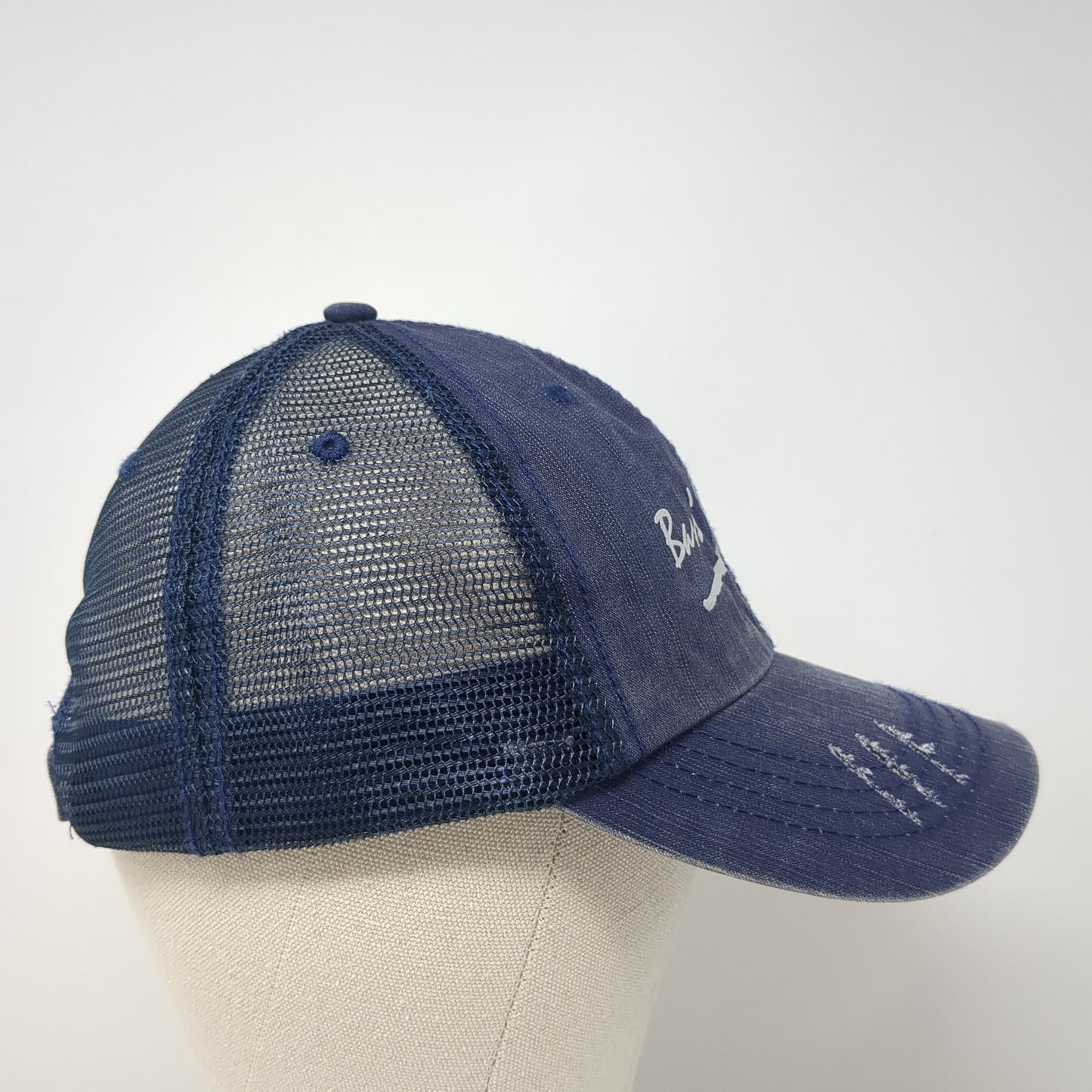 Bass' River Resort Trucker Hat Blue One Size Adjustable Distressed Mesh Back