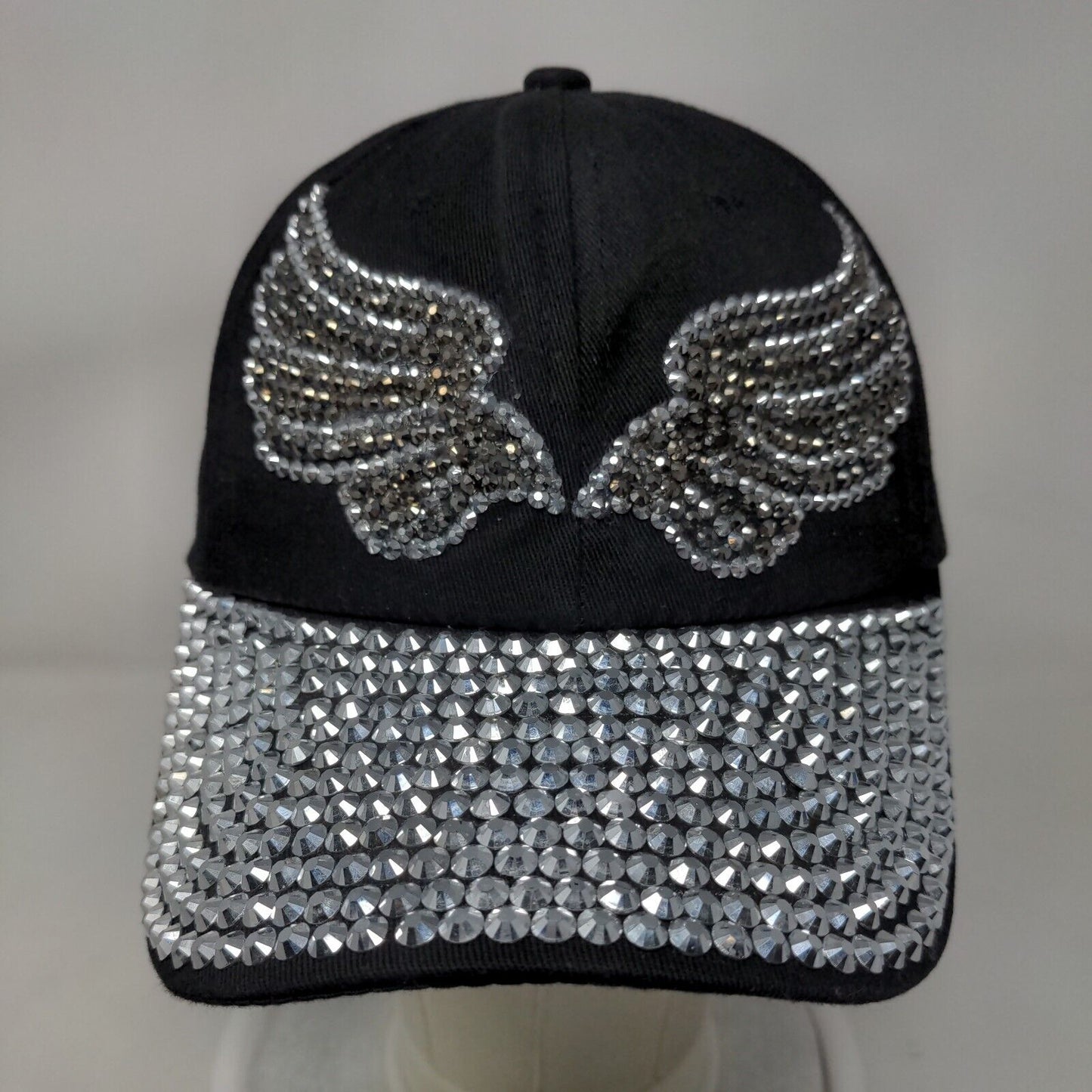Angel Wings Slideback Hat Black One Size Adjustable Bling Rhinestone 6 Panel