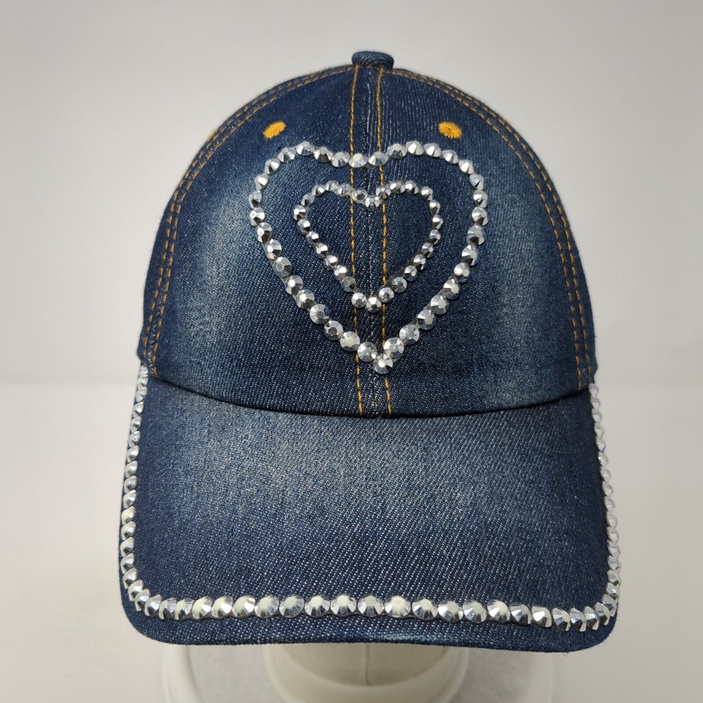 Bedazzled Heart Slideback Hat Blue One Size Adjustable Denim Rhinestone Blank