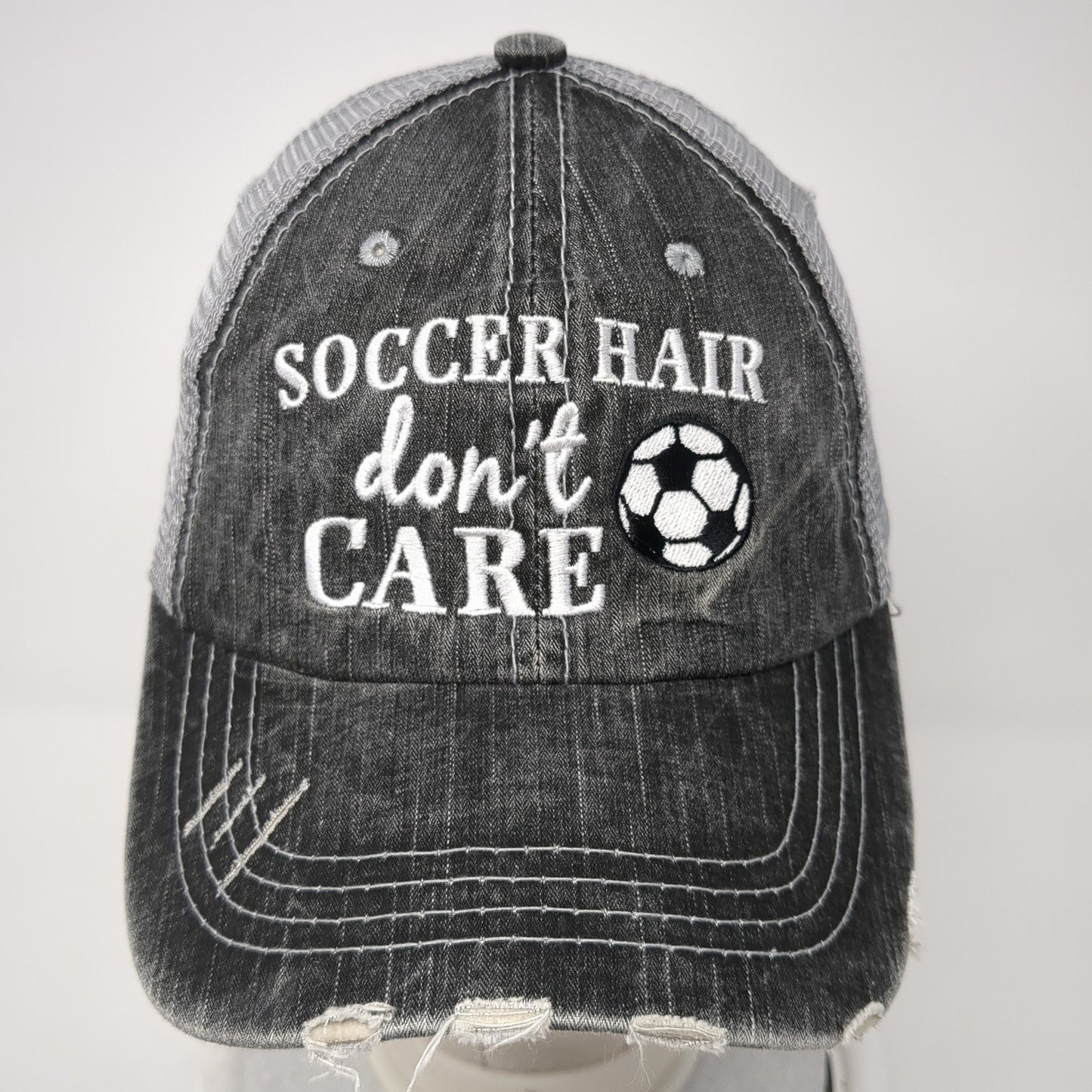 Soccer Hair Don't Care Strapback Trucker Hat Gray One Size Mesh Back