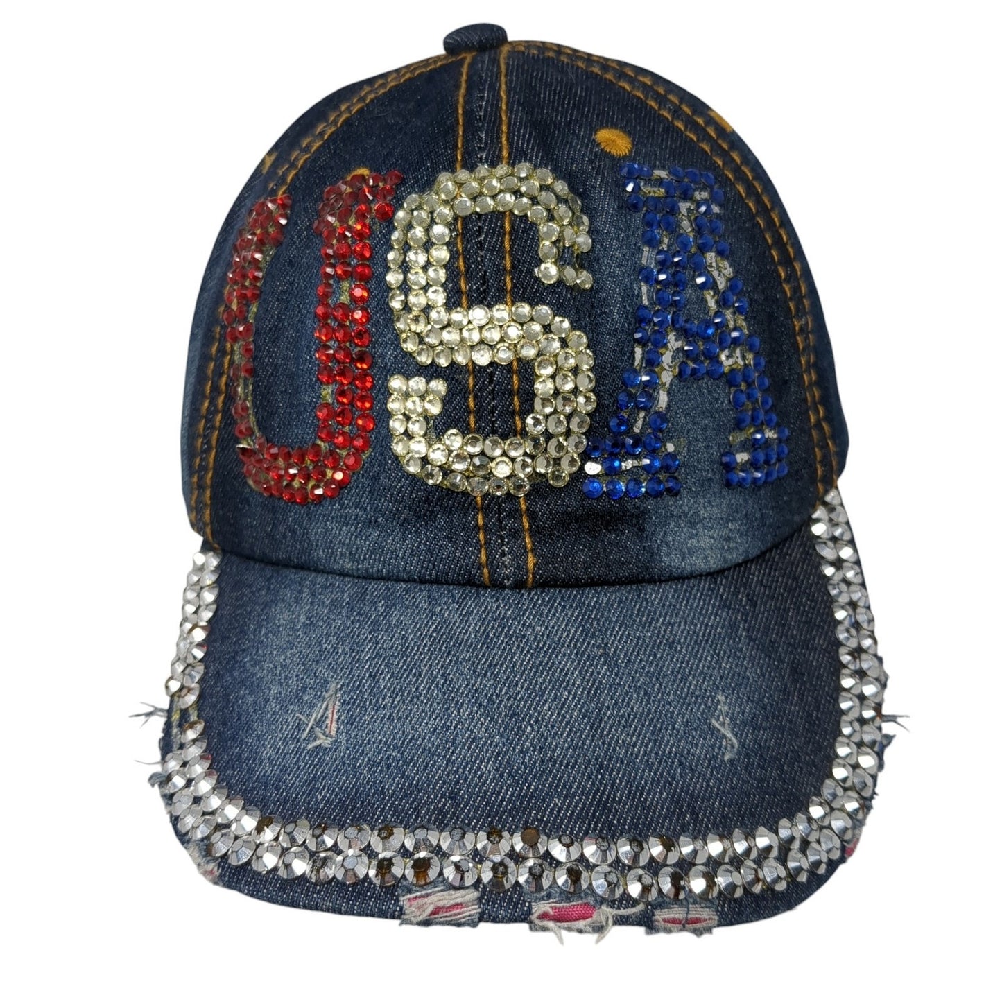 USA Slideback Baseball Cap Blue One Size Adjustable Rhinestone Distressed Denim