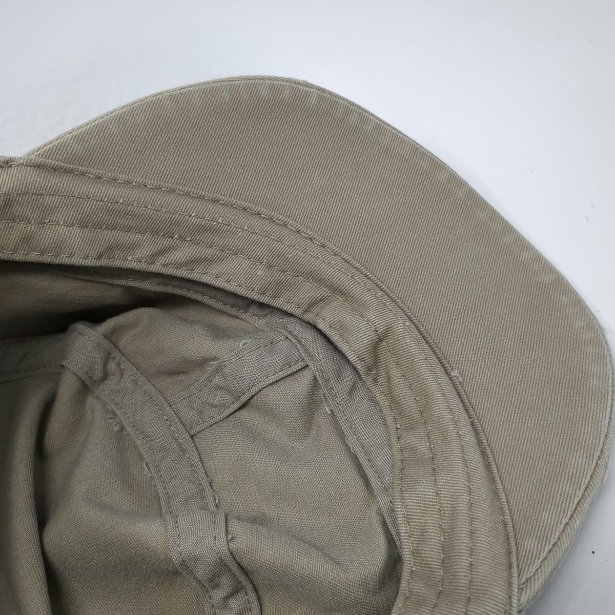 Army Cap Beige One Size Distressed Cadet Style Flat Top Frayed Edge Cotton Hat