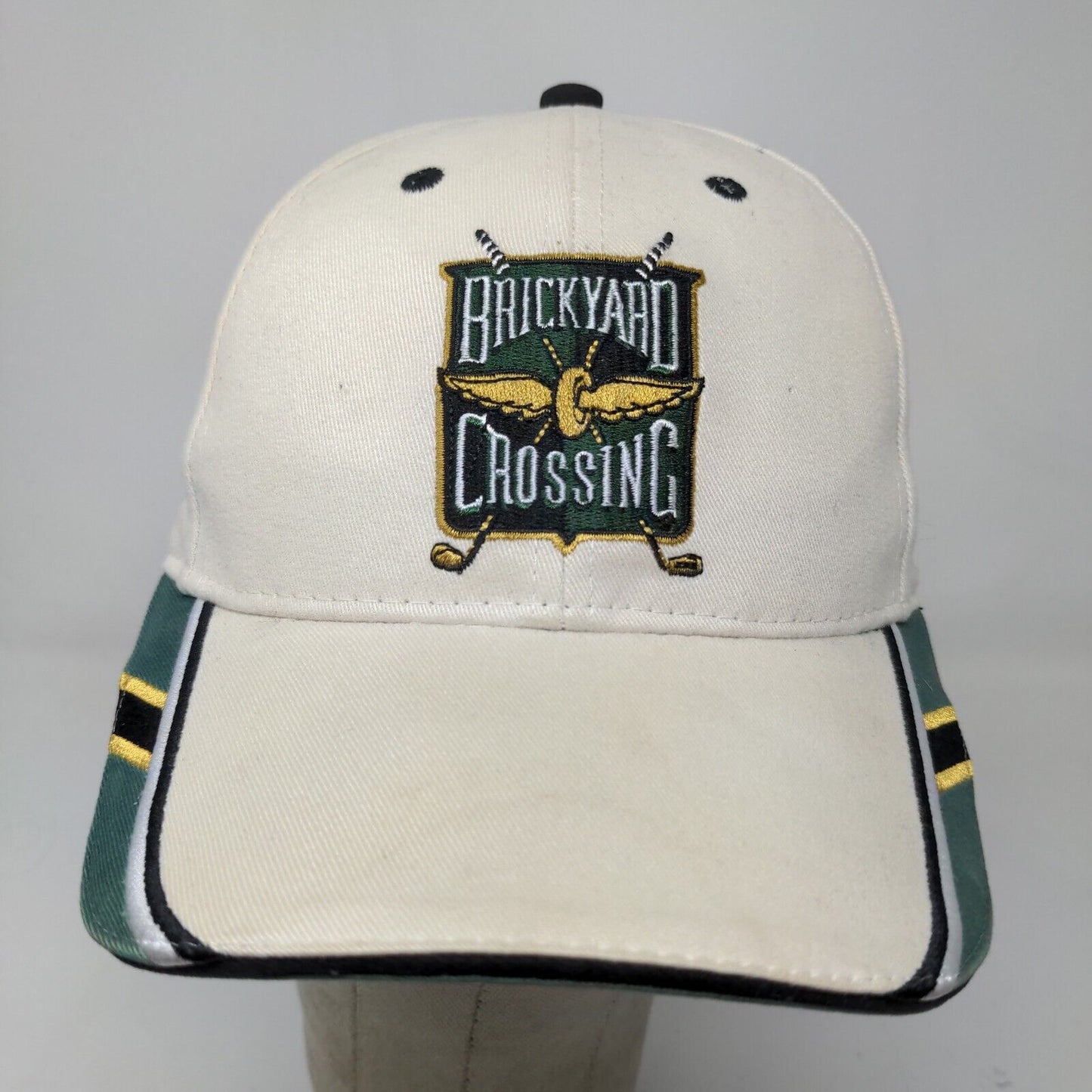 Brickyard Authentics Men's Strapback Hat Tan Green Embroidered Golf Logo