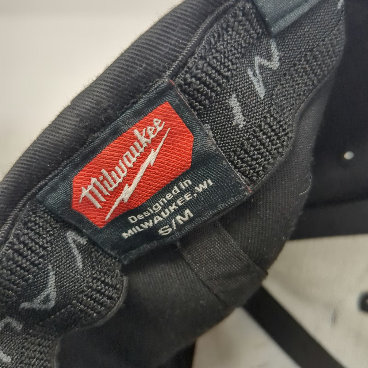 Milwaukee Tool Logo Black Cap M Stretch Fit Hat Curved Brim Gray Red Tab Work