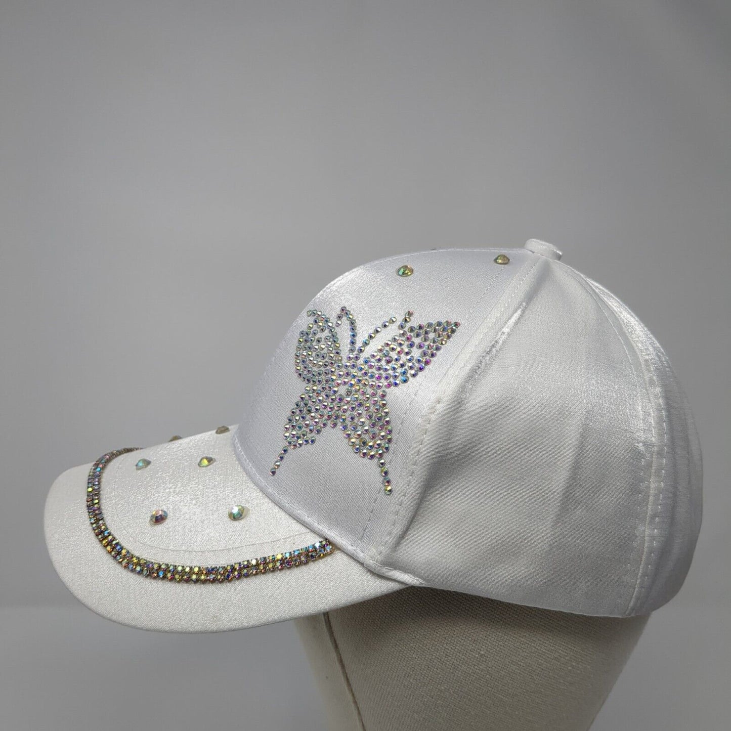 Rhinestone Butterfly Slideback Hat White OS Adjustable Embellished 6 Panel