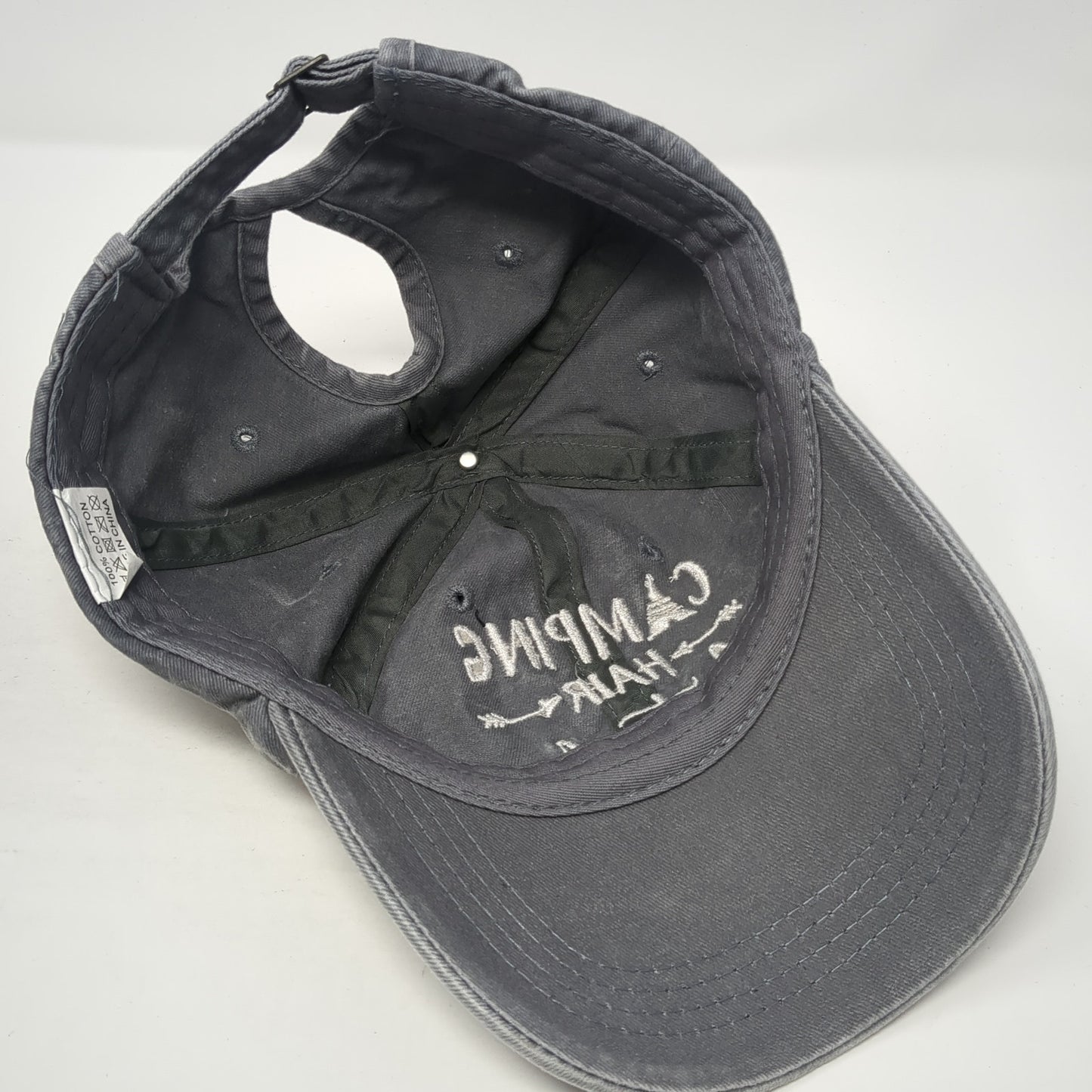 Camping Hair Don't Care Slideback Hat Gray One Size Embroidered Ponytail