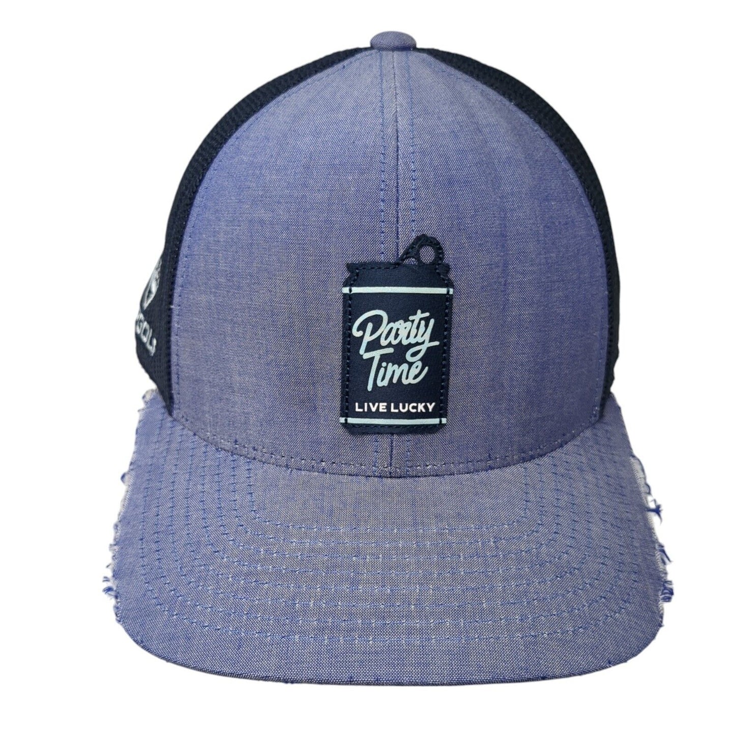 Party Time Live Lucky Top Golf Snapback Trucker Hat Blue OS Mesh Back Distressed