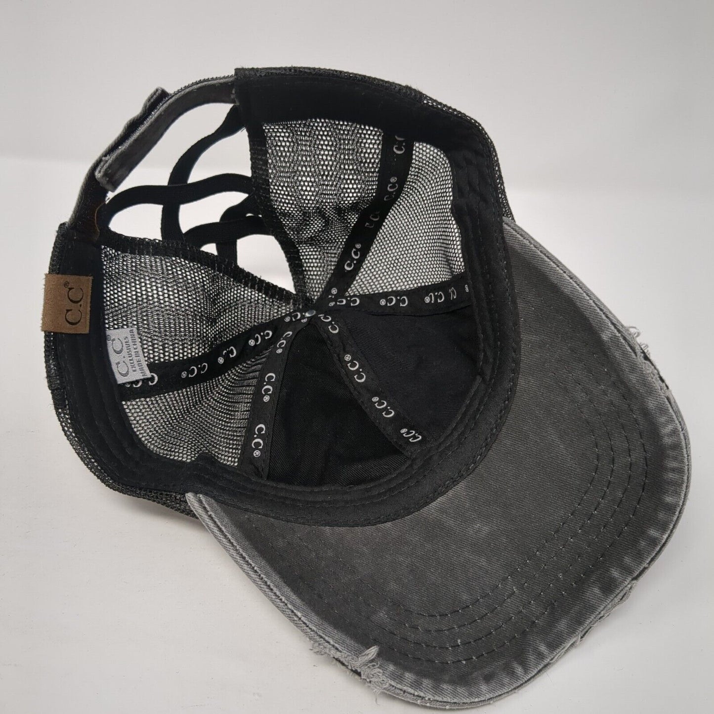 Bee Happy Strapback Trucker Hat Gray One Size Ponytail C.C Exclusives