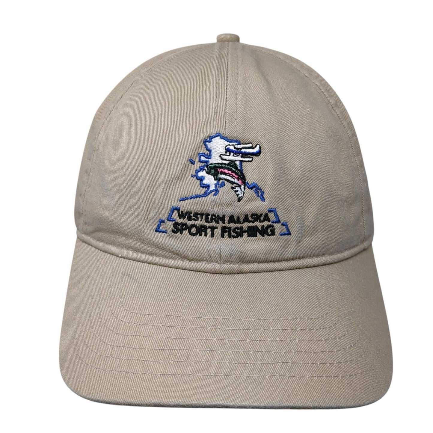 Western Alaska Sport Fishing Slideback Hat Tan OS Adjustable Embroidered Ivory