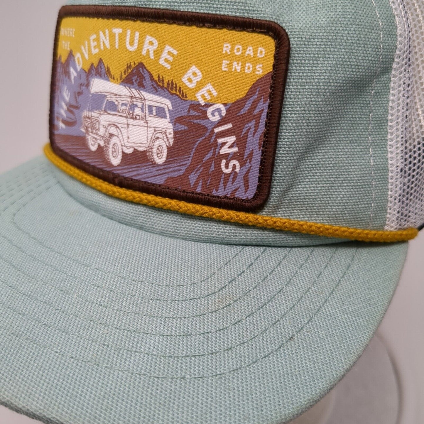 Adventure Begins Where The Road End Snapback Trucker Hat Green OS Mesh Back Rope