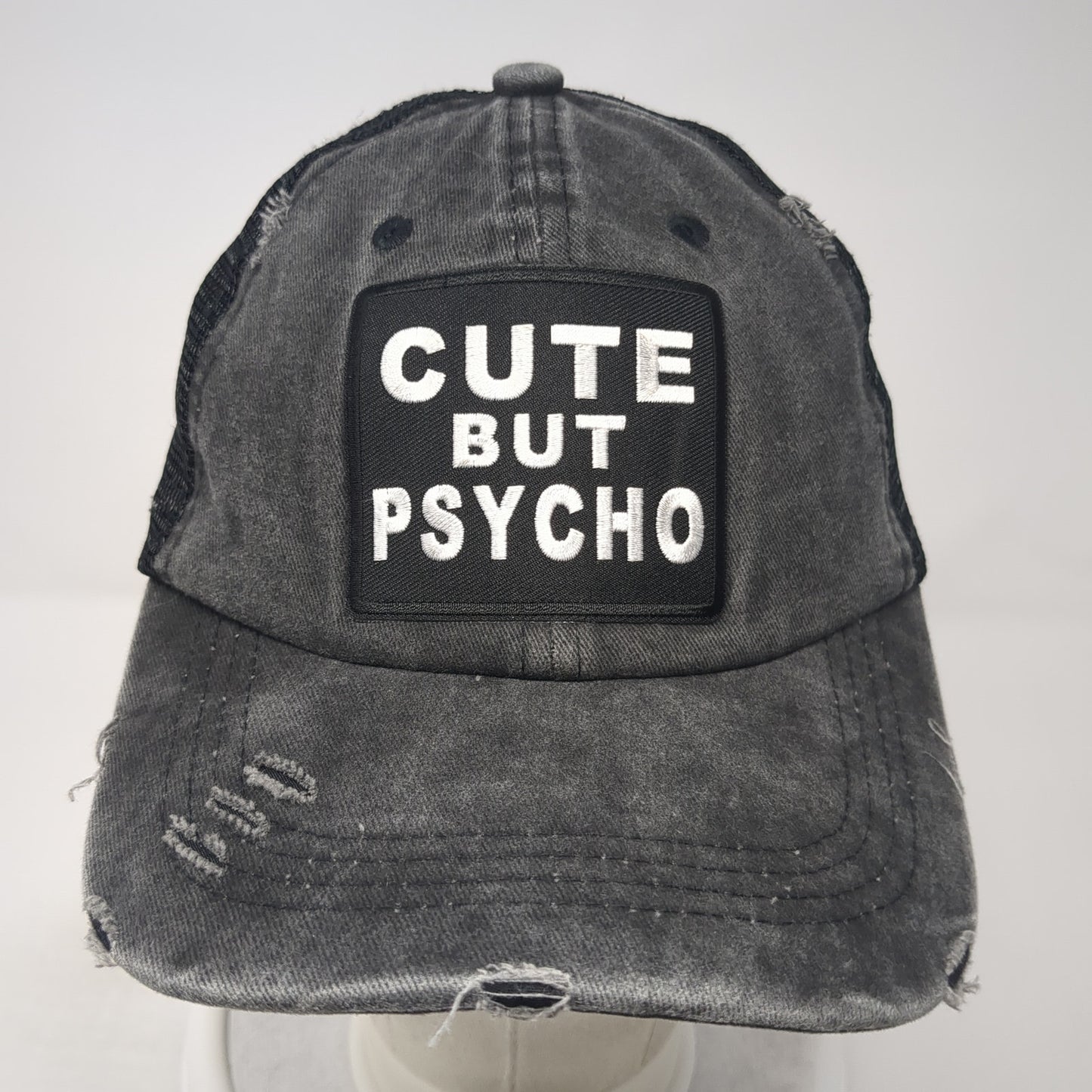 Cute But Pasycho Ponytail Trucker Hat Gray One Size Mesh Back Distressed