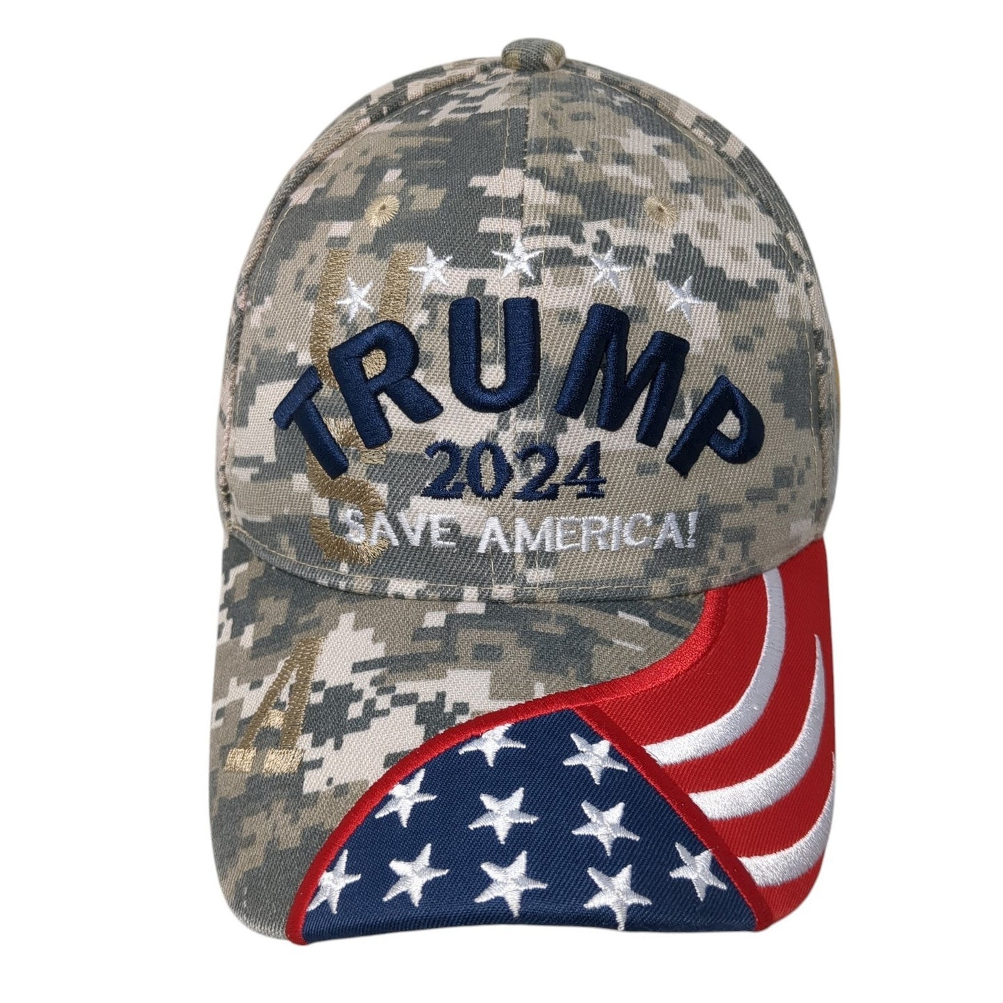 Trump 2024 Save America! Strapback Hat Multi Camo One Size USA Flag