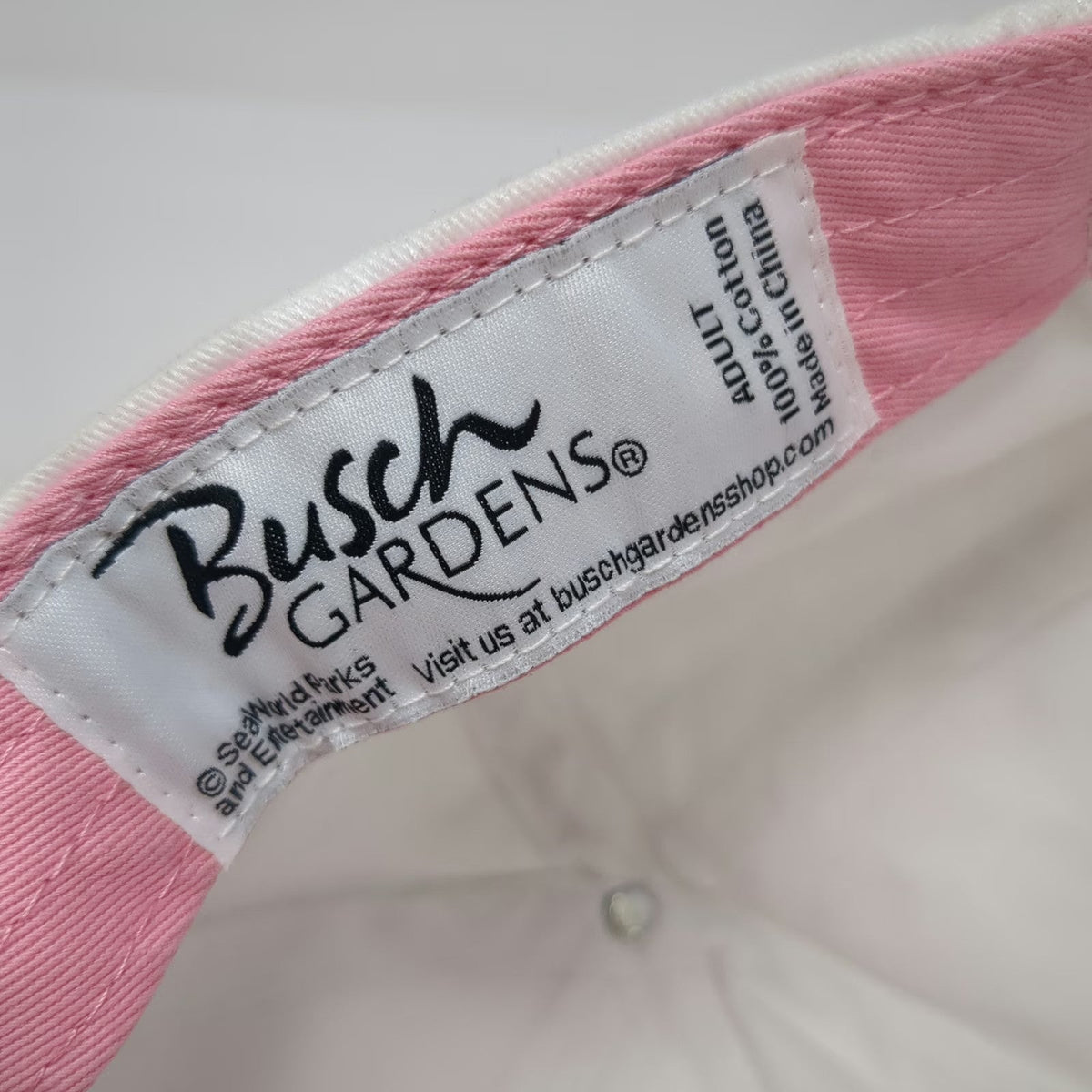 Busch Gardens Baseball Cap White One Size Pink BG Side Embroidery Strapback Hat