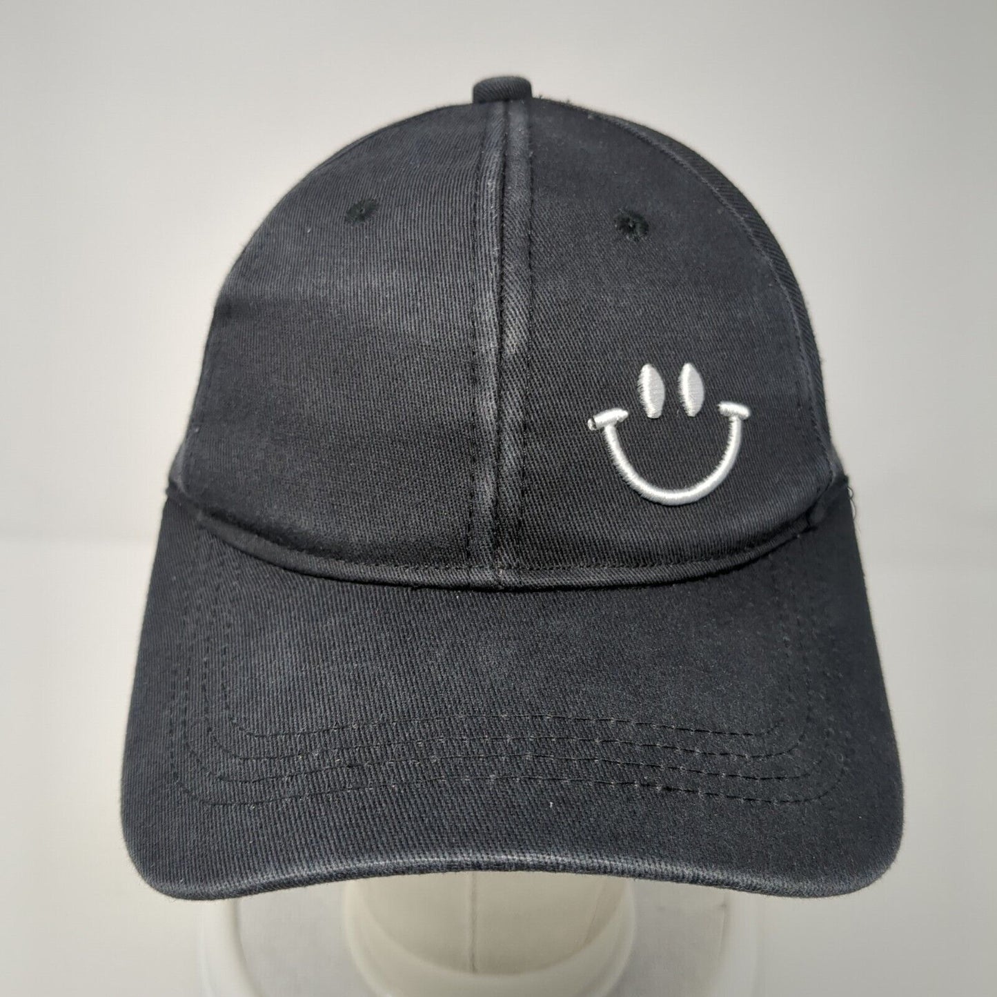 Smiley Slideback Hat Black One Size Adjustable Embroidered Vented Holes 6 Panel