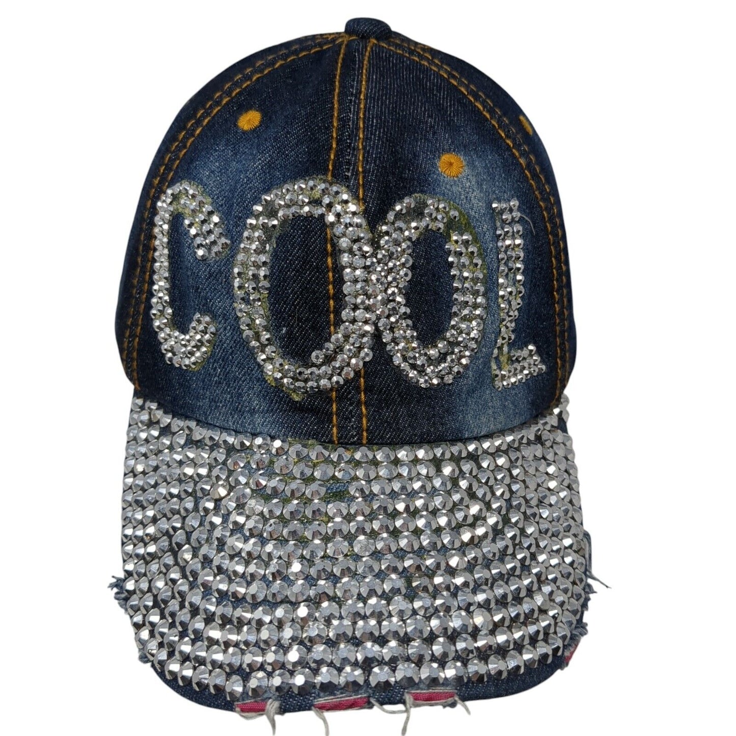 Cool Slideback Hat Blue One Size Adjustable Distressed Denim Rhinestone Bling
