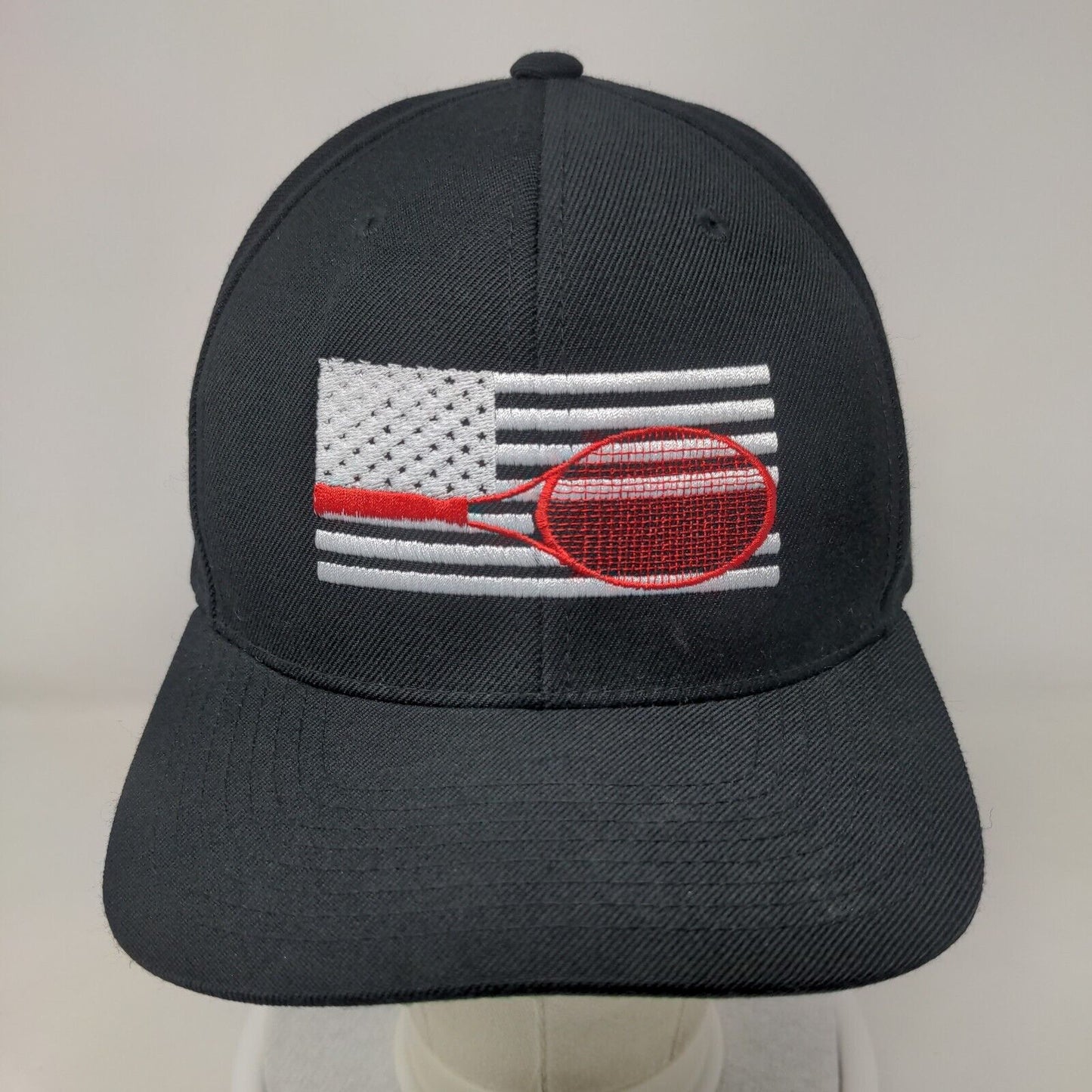 American Flag Tennis Racket Snapback Hat Black One Size Embroidered