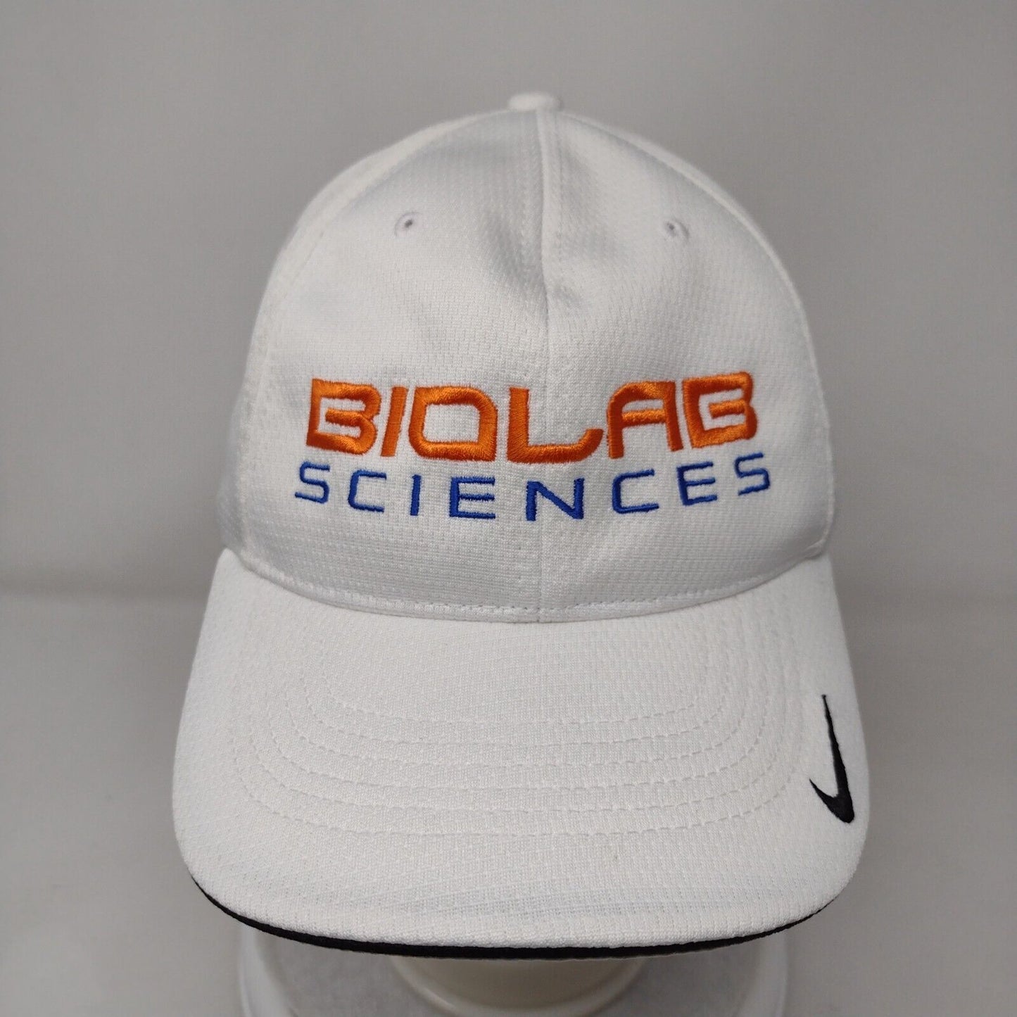 Biolab Sciences Fitted Hat White L/XL Swoosh Logo Legacy91 Drifit Nike Polyester